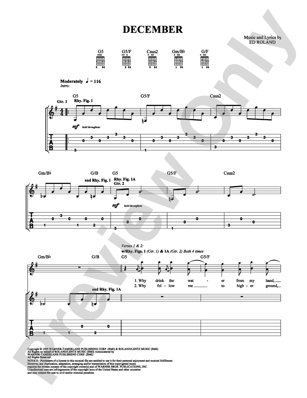 December: Guitar TAB Digital Sheet Music