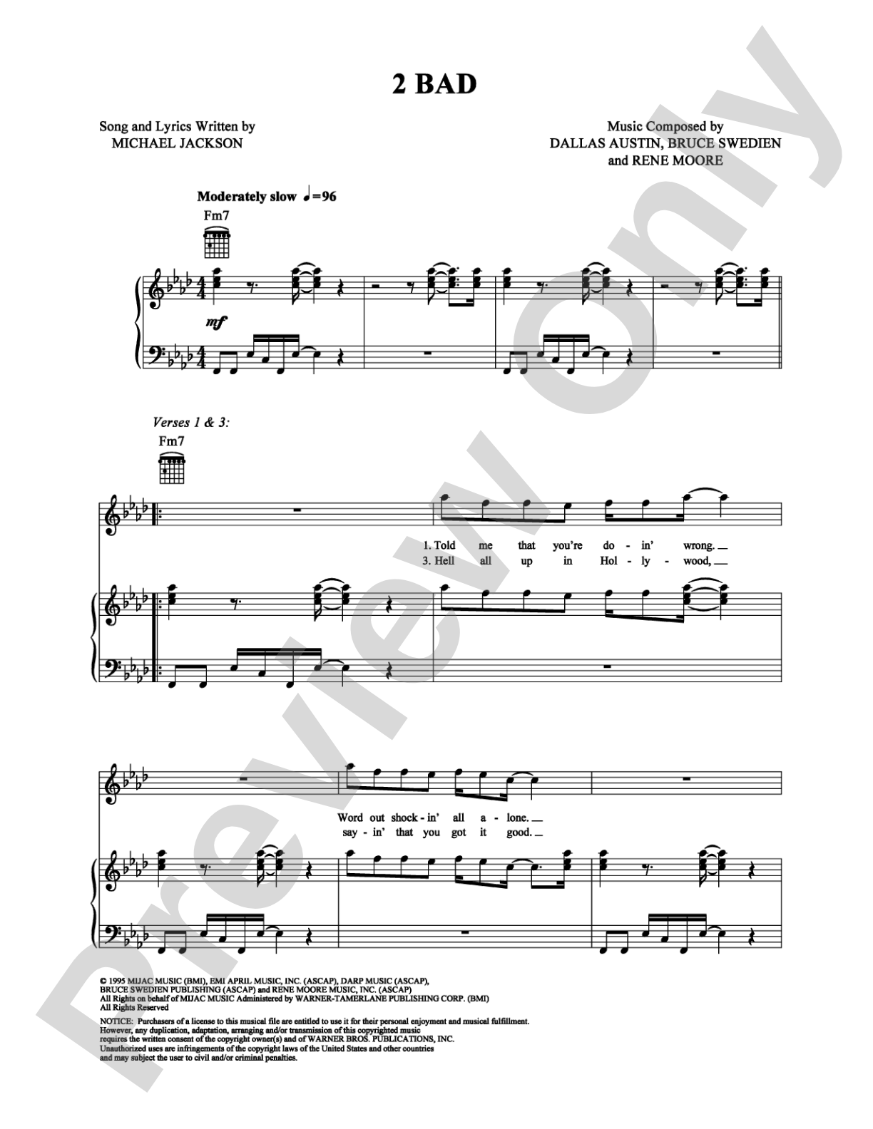 2 Bad: Piano/Vocal/Chords Digital Sheet Music