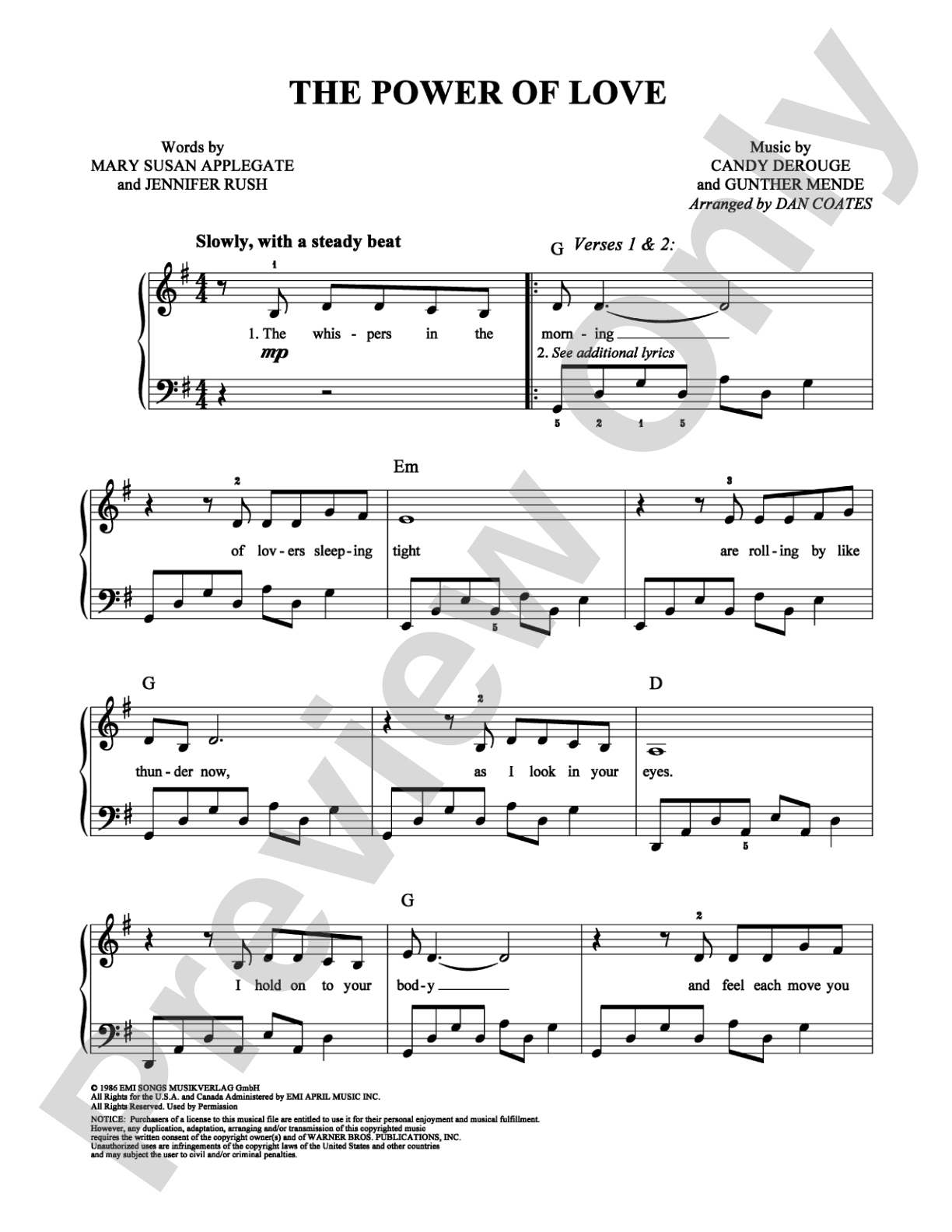 The Power of Love: Easy Piano Digital Sheet Music