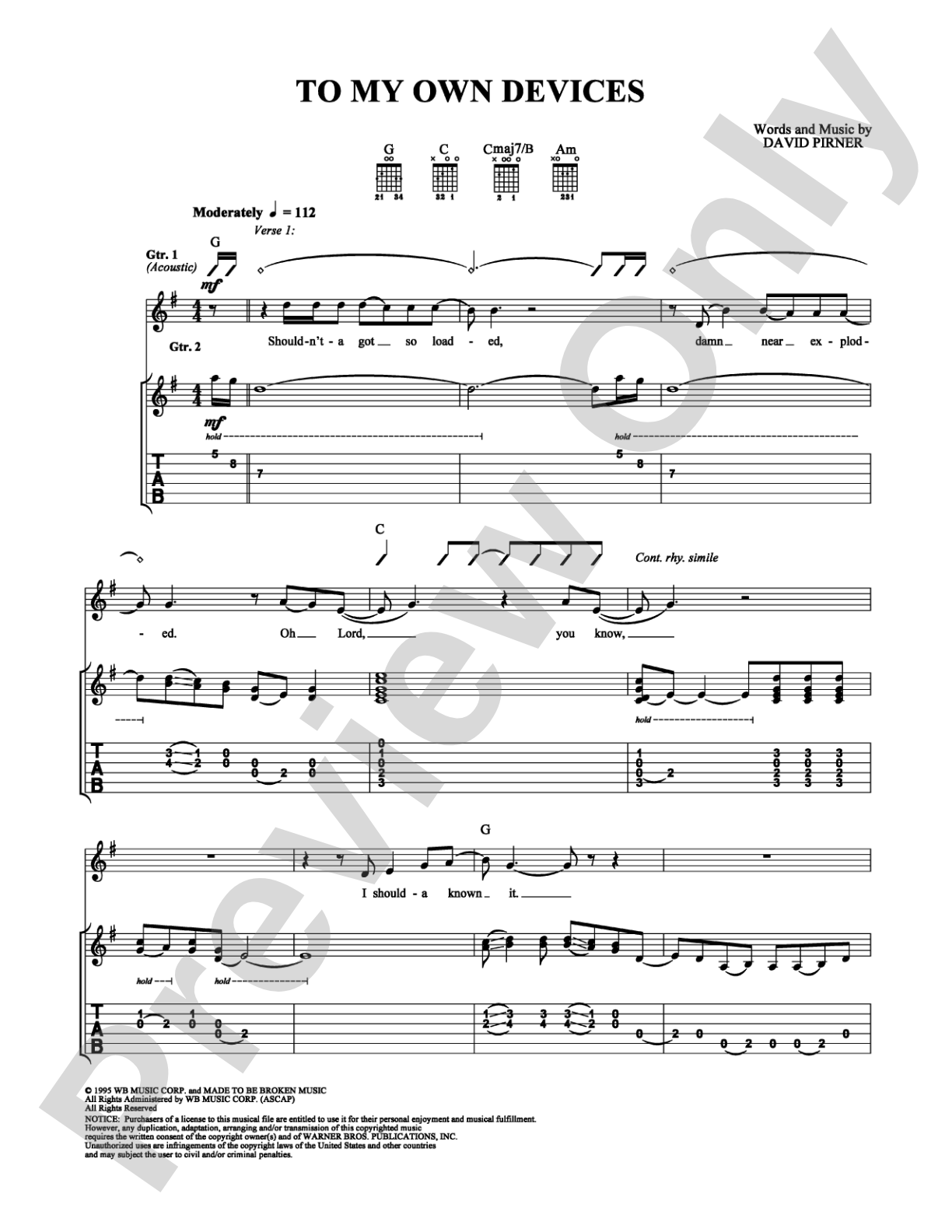 To My Own Devices: Guitar TAB Digital Sheet Music