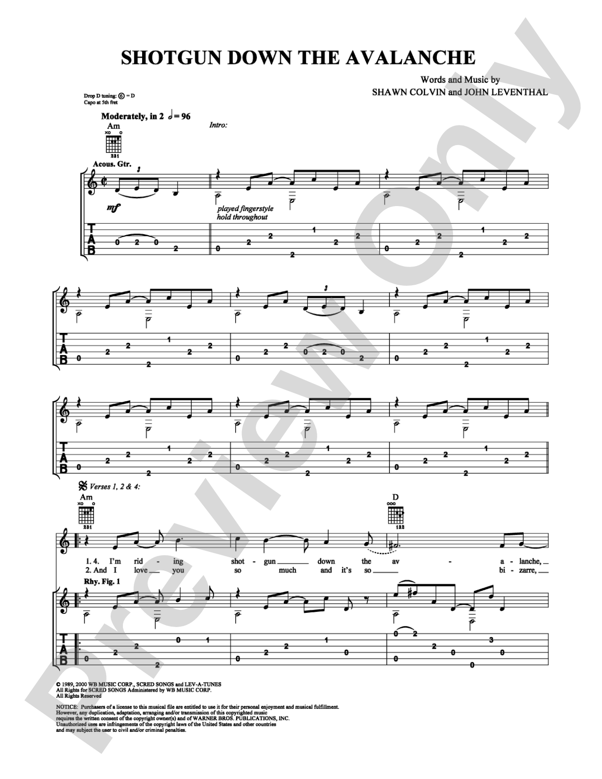 Shotgun Down The Avalanche: Easy Guitar Digital Sheet Music