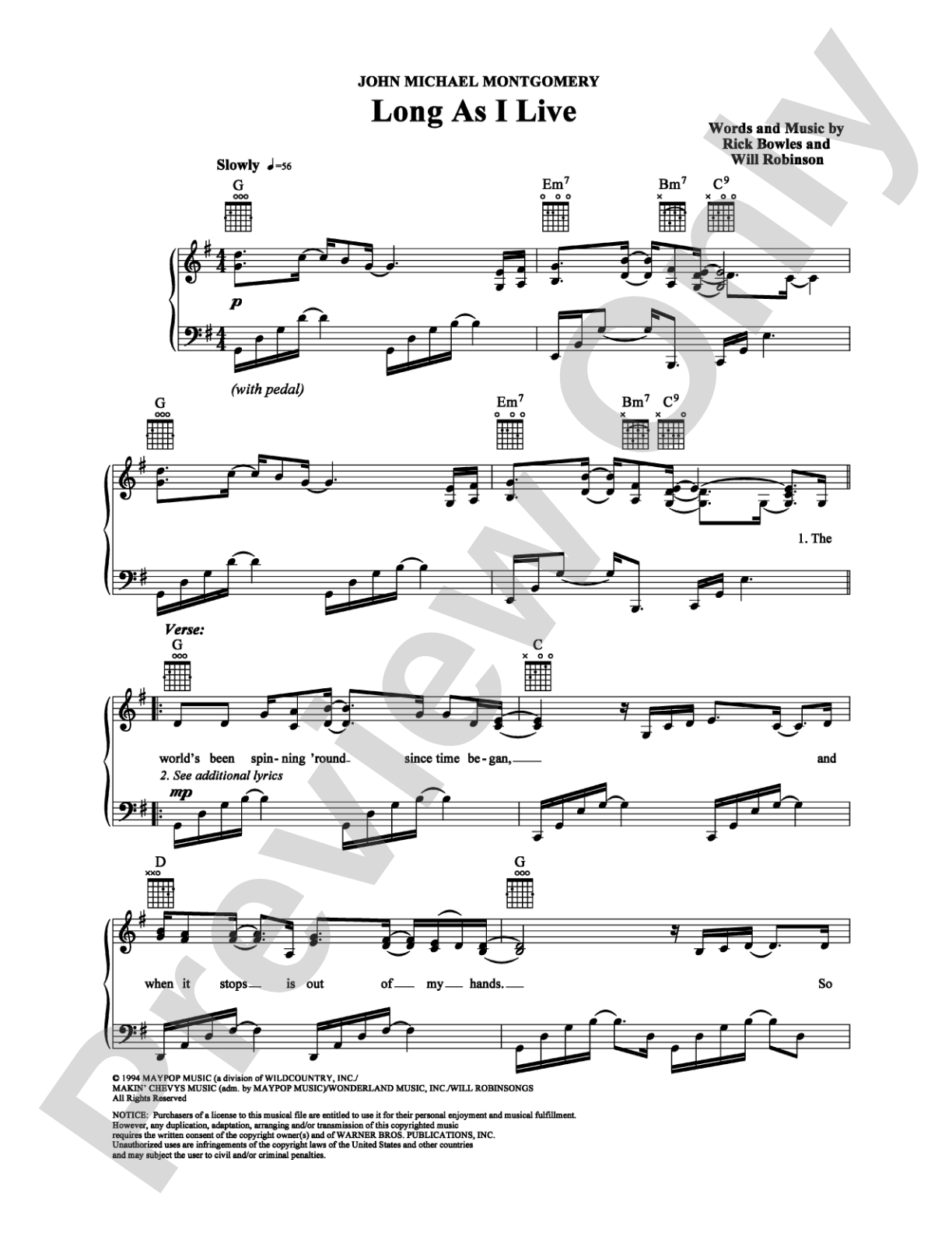 Long As I Live: Piano/Vocal/Chords Digital Sheet Music