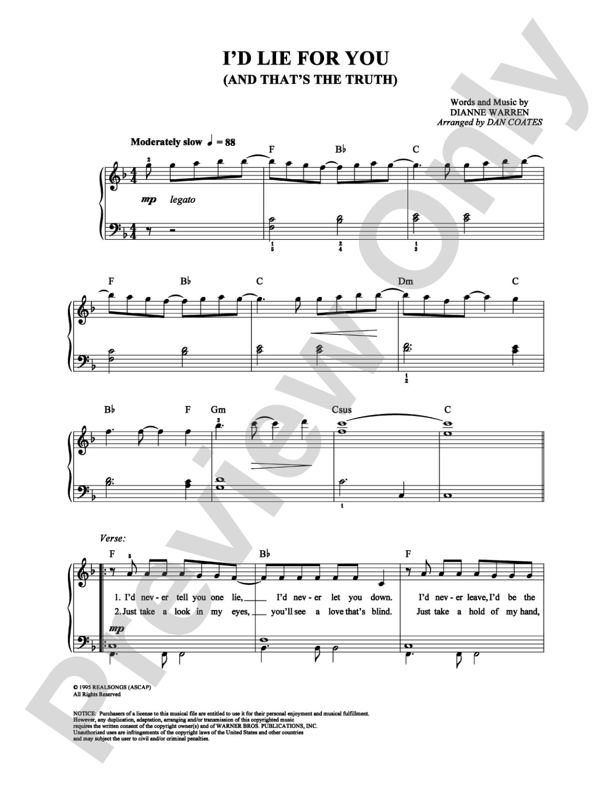 I'd Lie For You (And That's The Truth): Easy Piano Digital Sheet Music