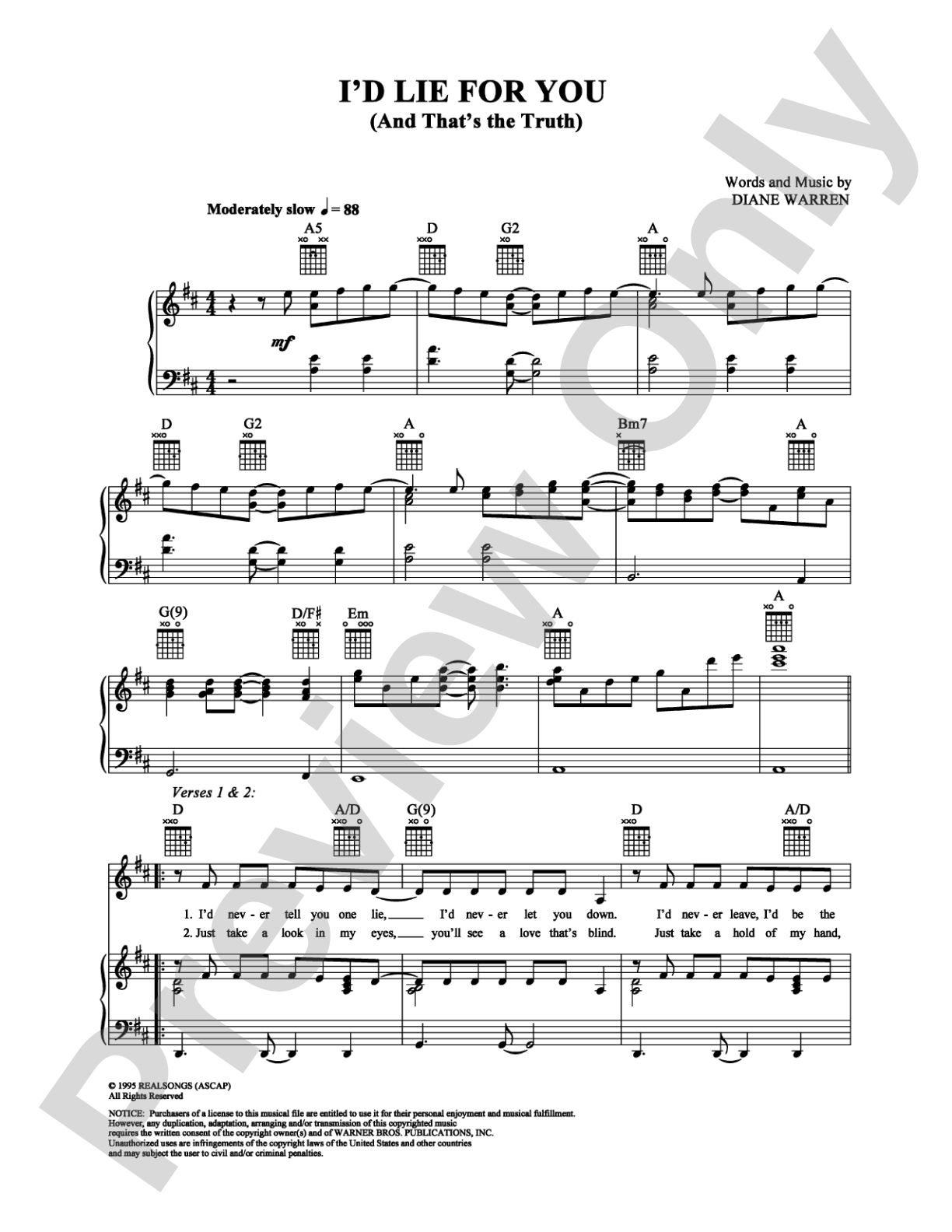 I'd Lie For You (And That's The Truth): Piano/Vocal/Chords Digital Sheet Music