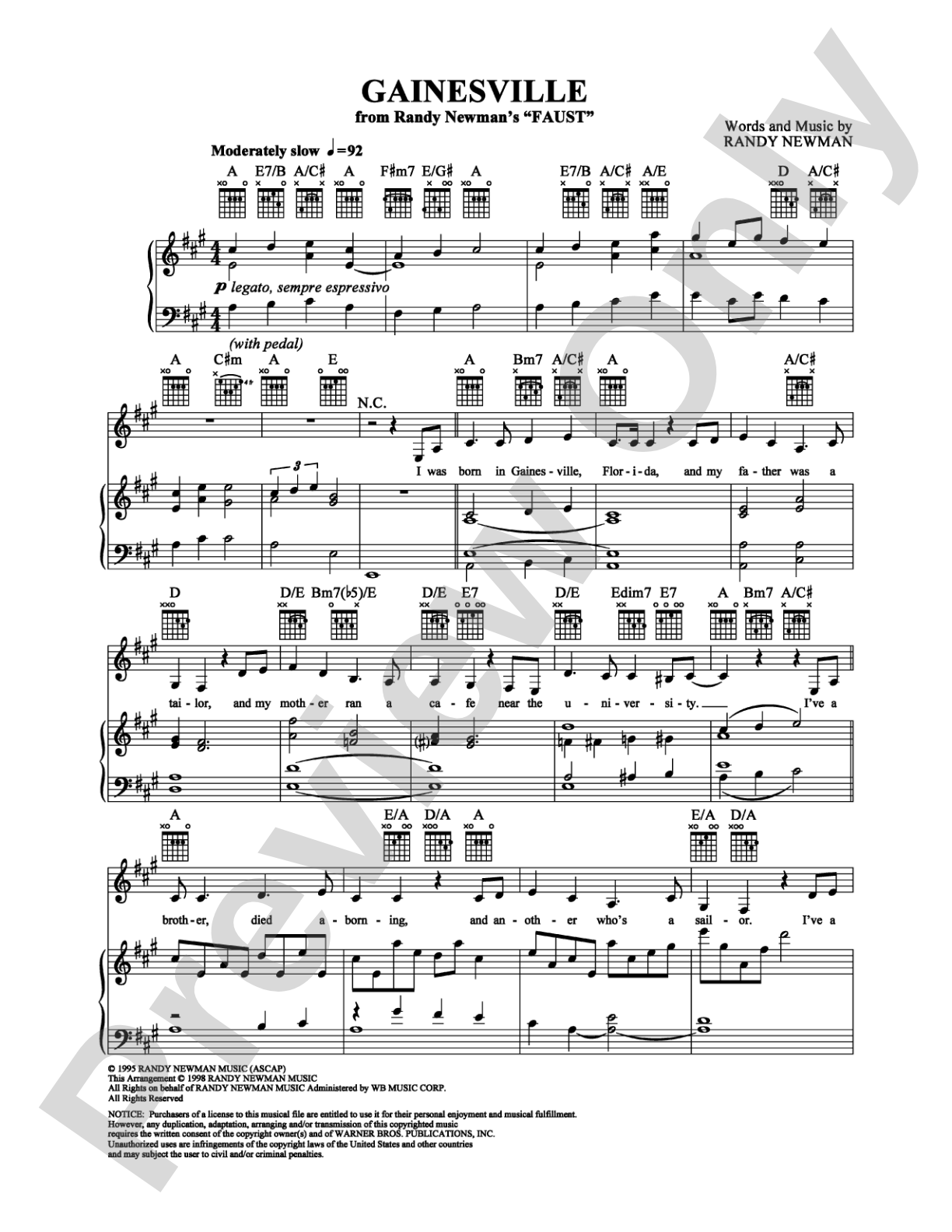 Gainesville: Piano/Vocal/Chords Digital Sheet Music