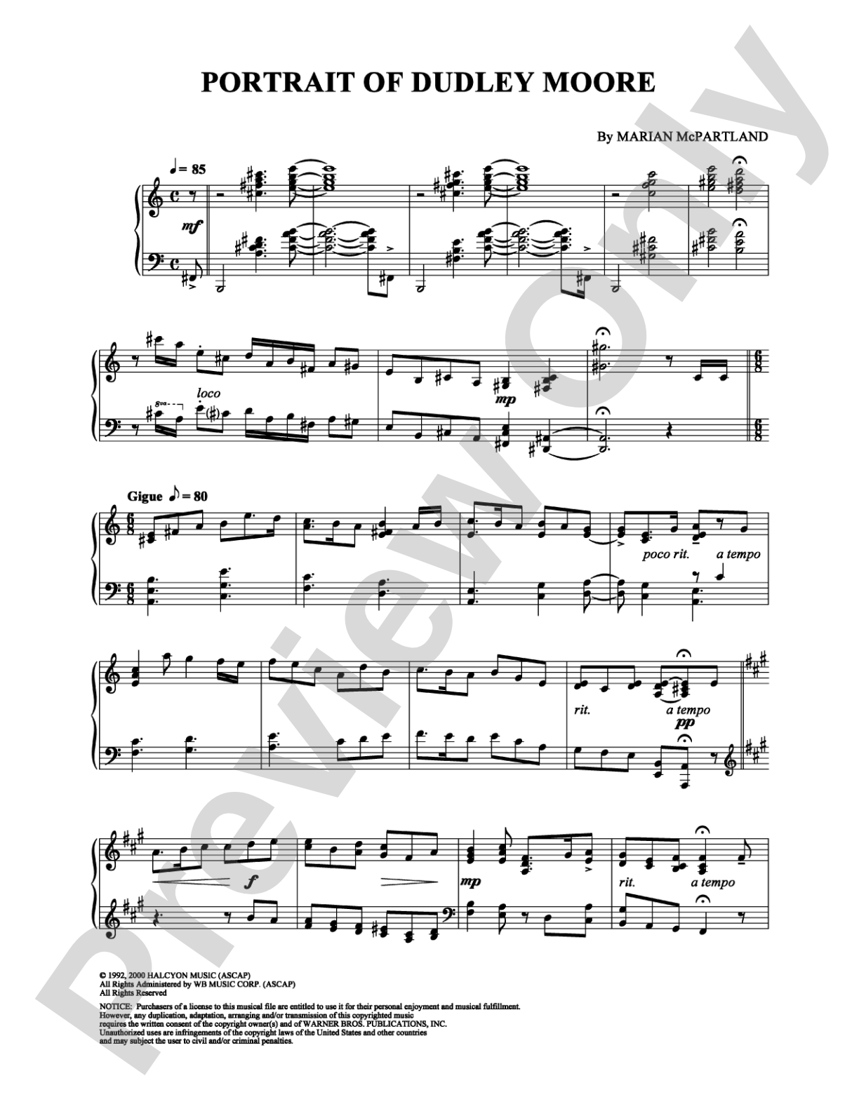 Portrait of Dudley Moore: Piano Digital Sheet Music