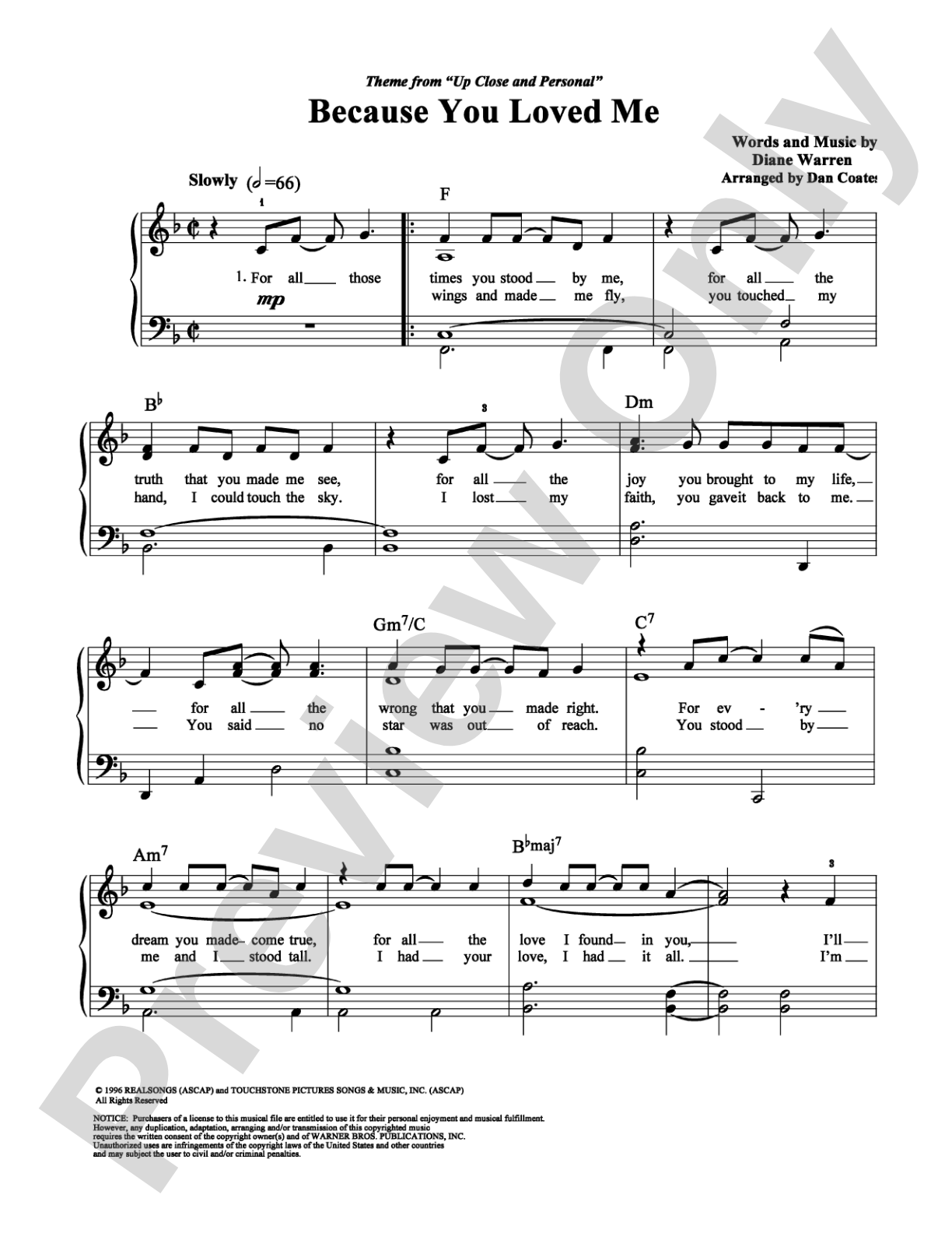 Because You Loved Me: Easy Piano Digital Sheet Music