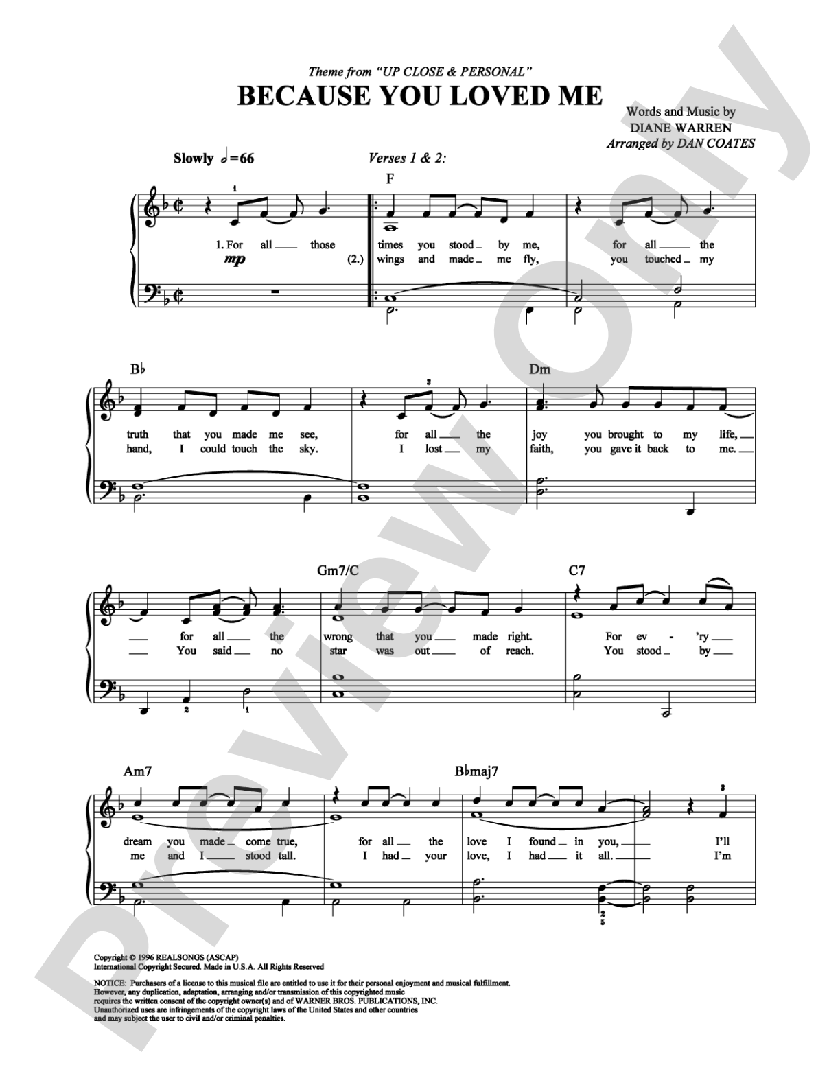 Because You Loved Me: Easy Piano Digital Sheet Music