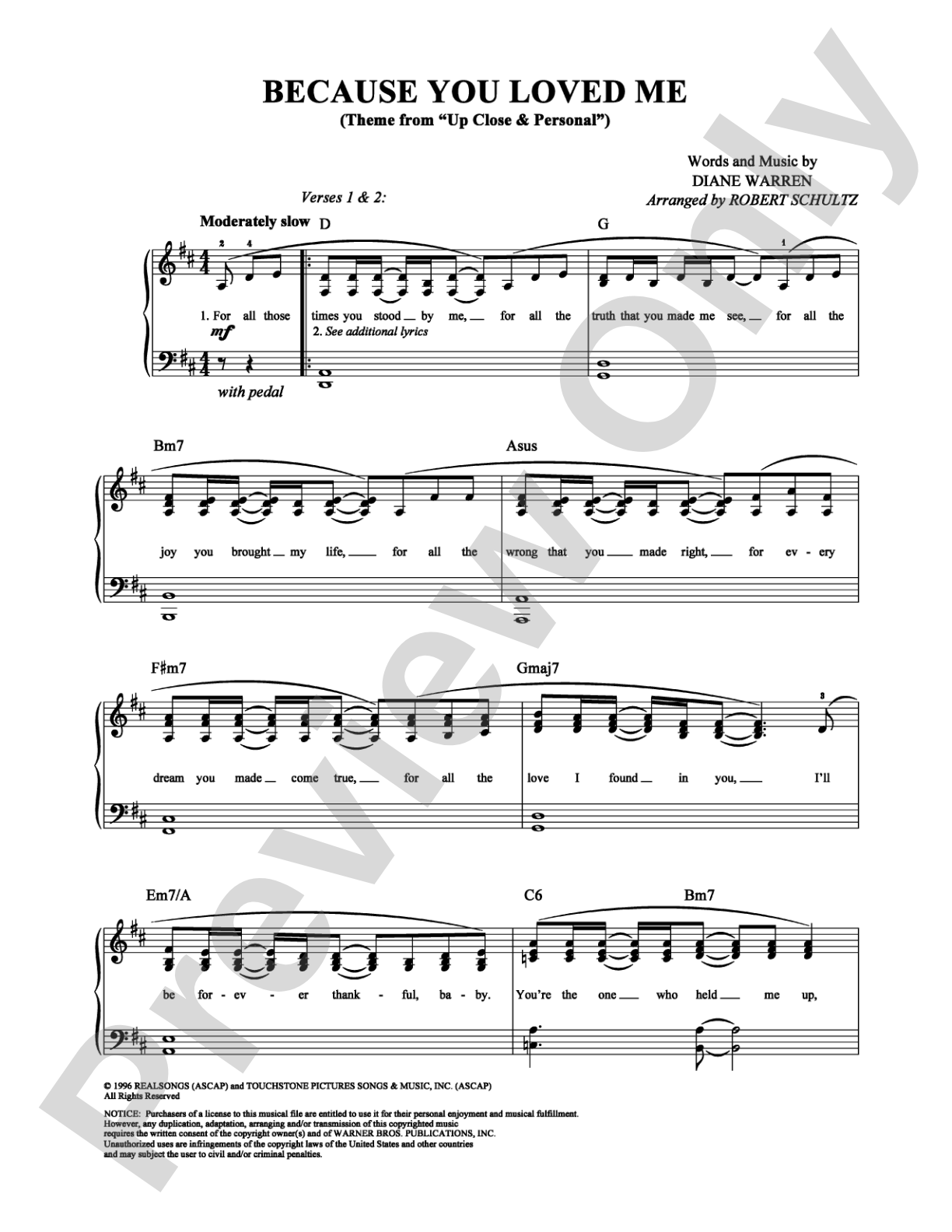 Because You Loved Me: Piano/Vocal/Chords Digital Sheet Music