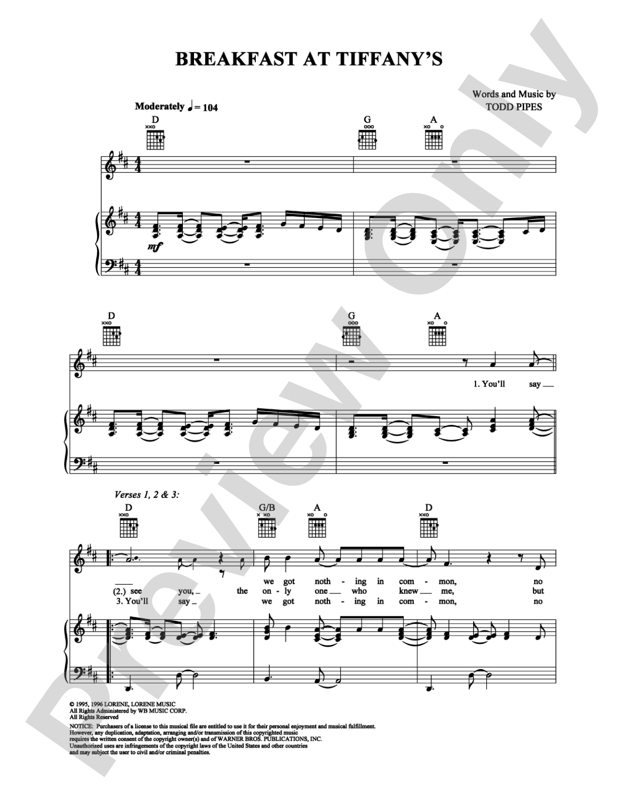 Breakfast at Tiffany's: Piano/Vocal/Chords Digital Sheet Music