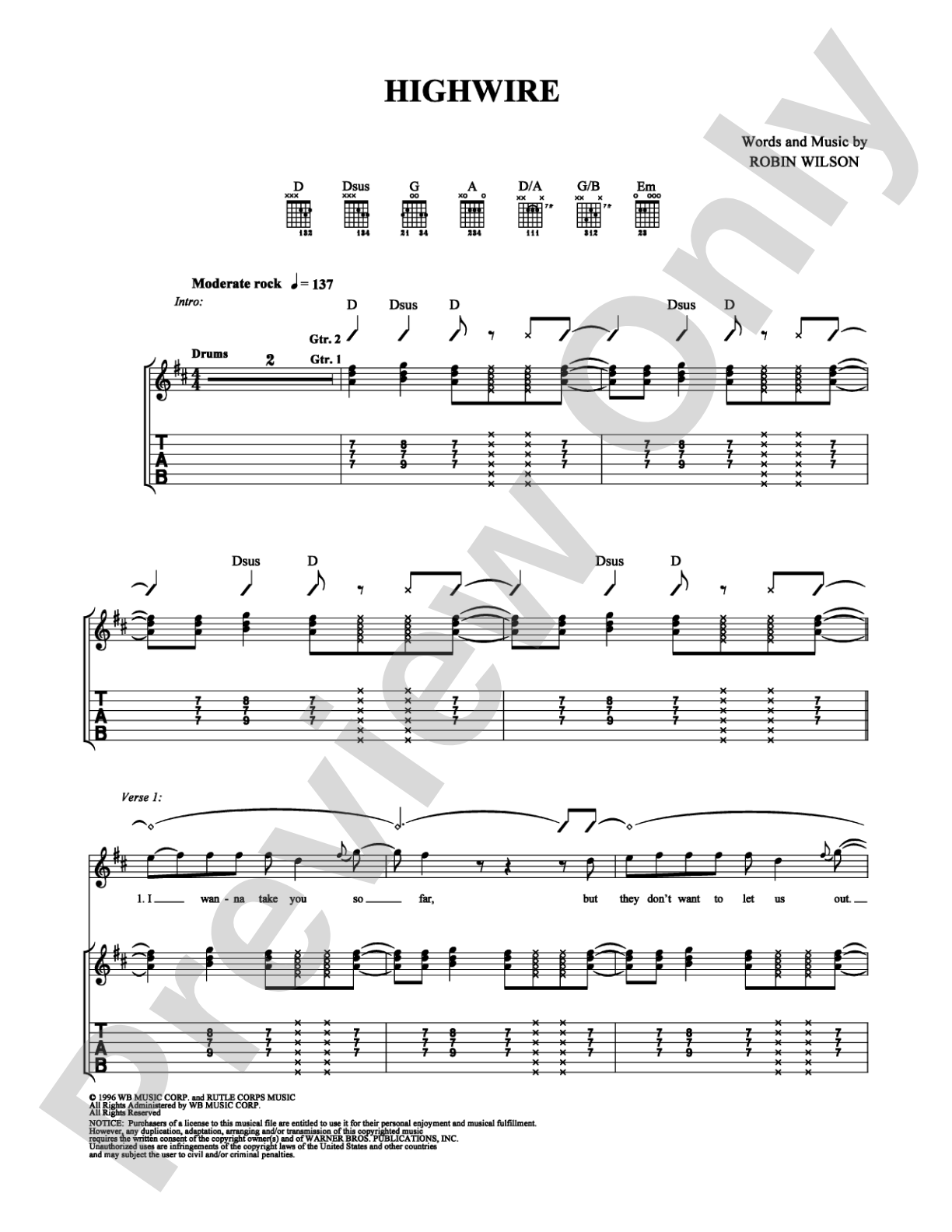 Highwire: Guitar TAB Digital Sheet Music