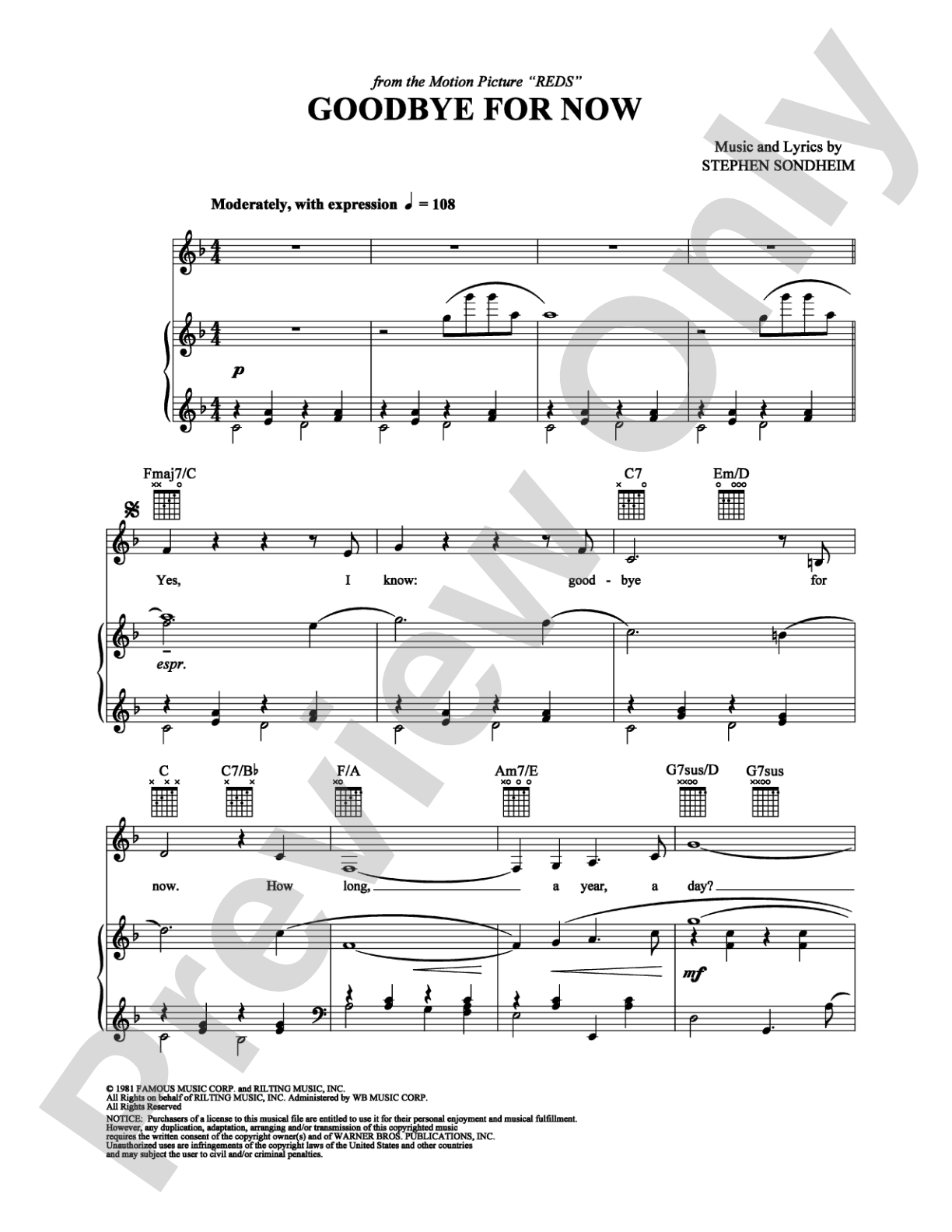 Goodbye For Now: Piano/Vocal/Chords Digital Sheet Music