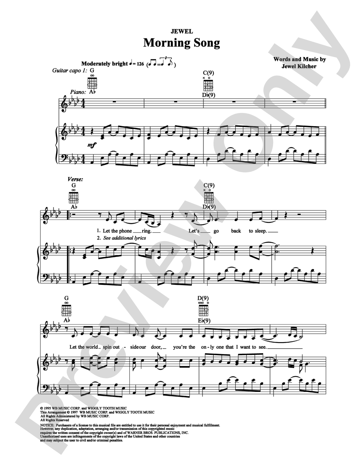 Morning Song: Piano/Vocal/Chords Digital Sheet Music