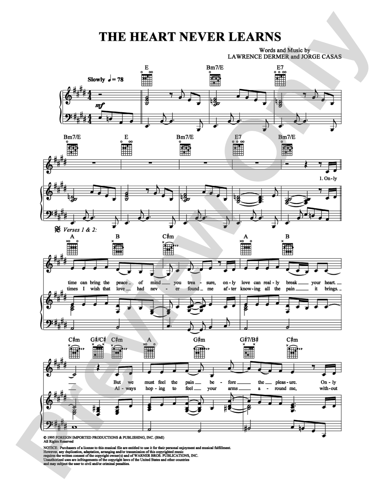 The Heart Never Learns: Piano/Vocal/Chords Digital Sheet Music
