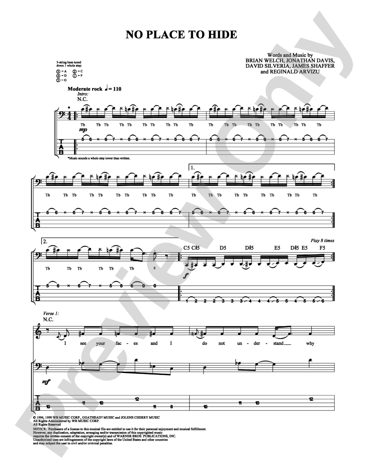 No Place to Hide: Bass TAB Digital Sheet Music