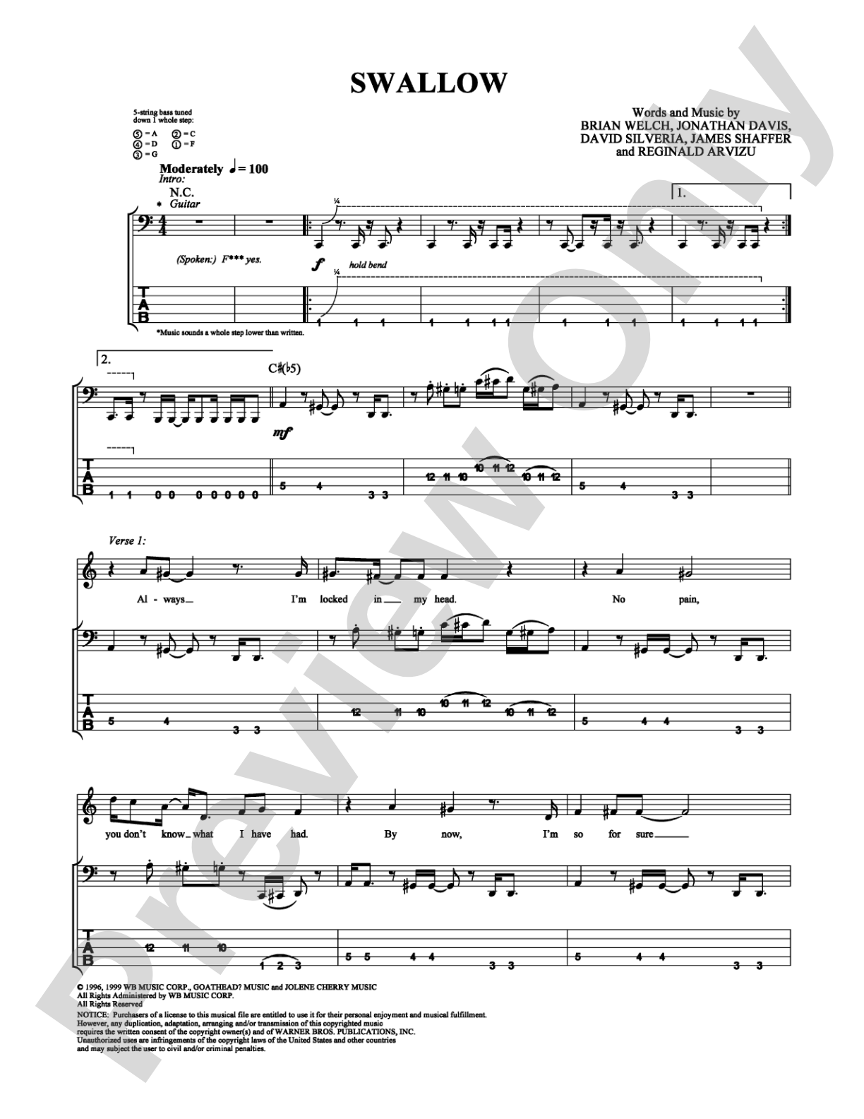 Swallow: Bass TAB Digital Sheet Music