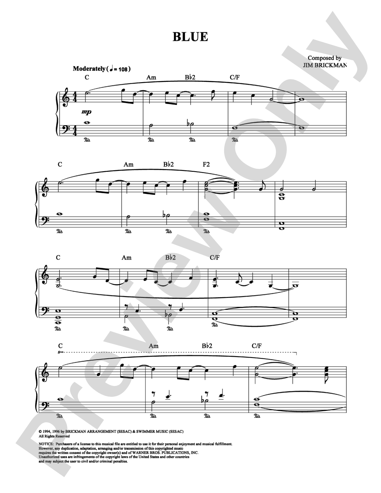 Blue: Piano Digital Sheet Music