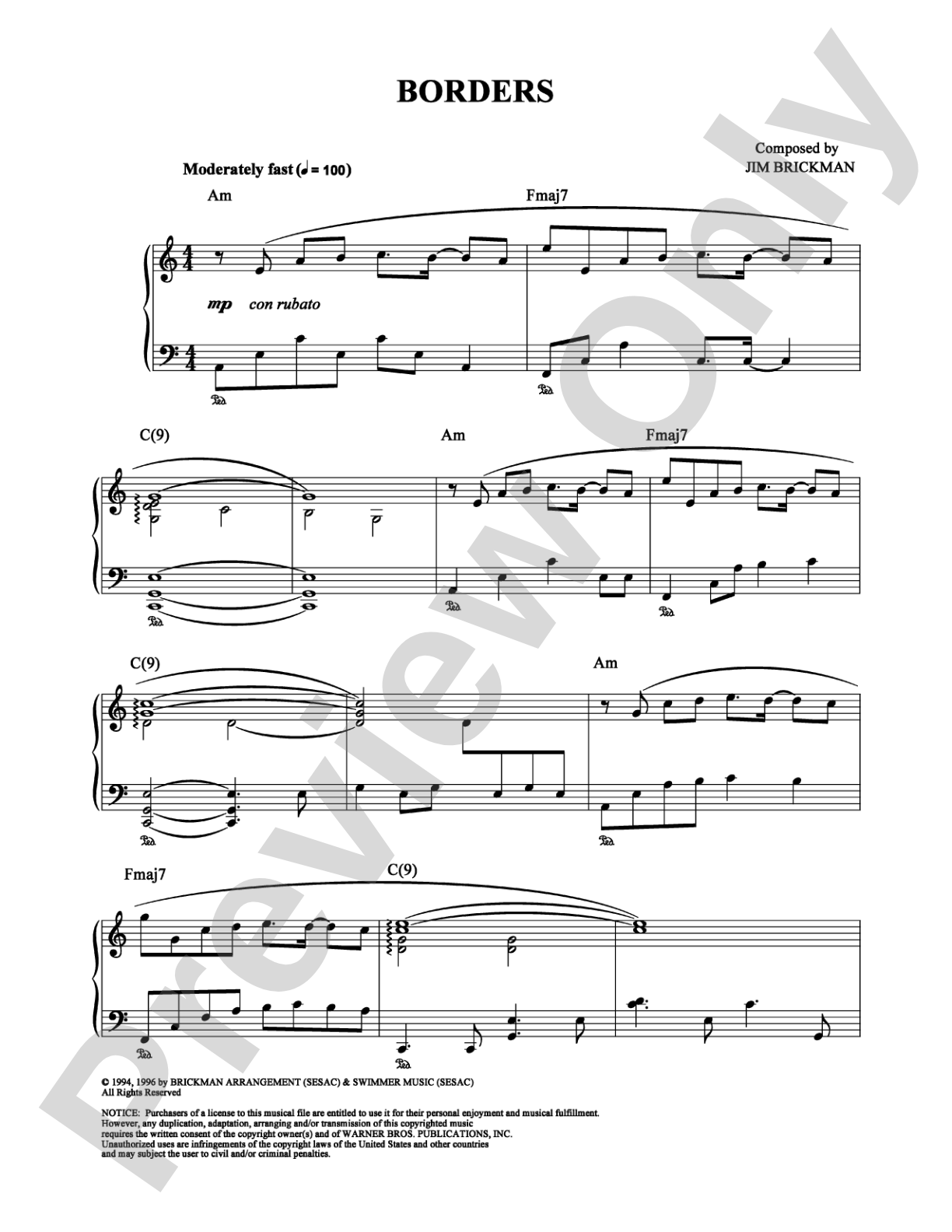 Borders: Piano Digital Sheet Music
