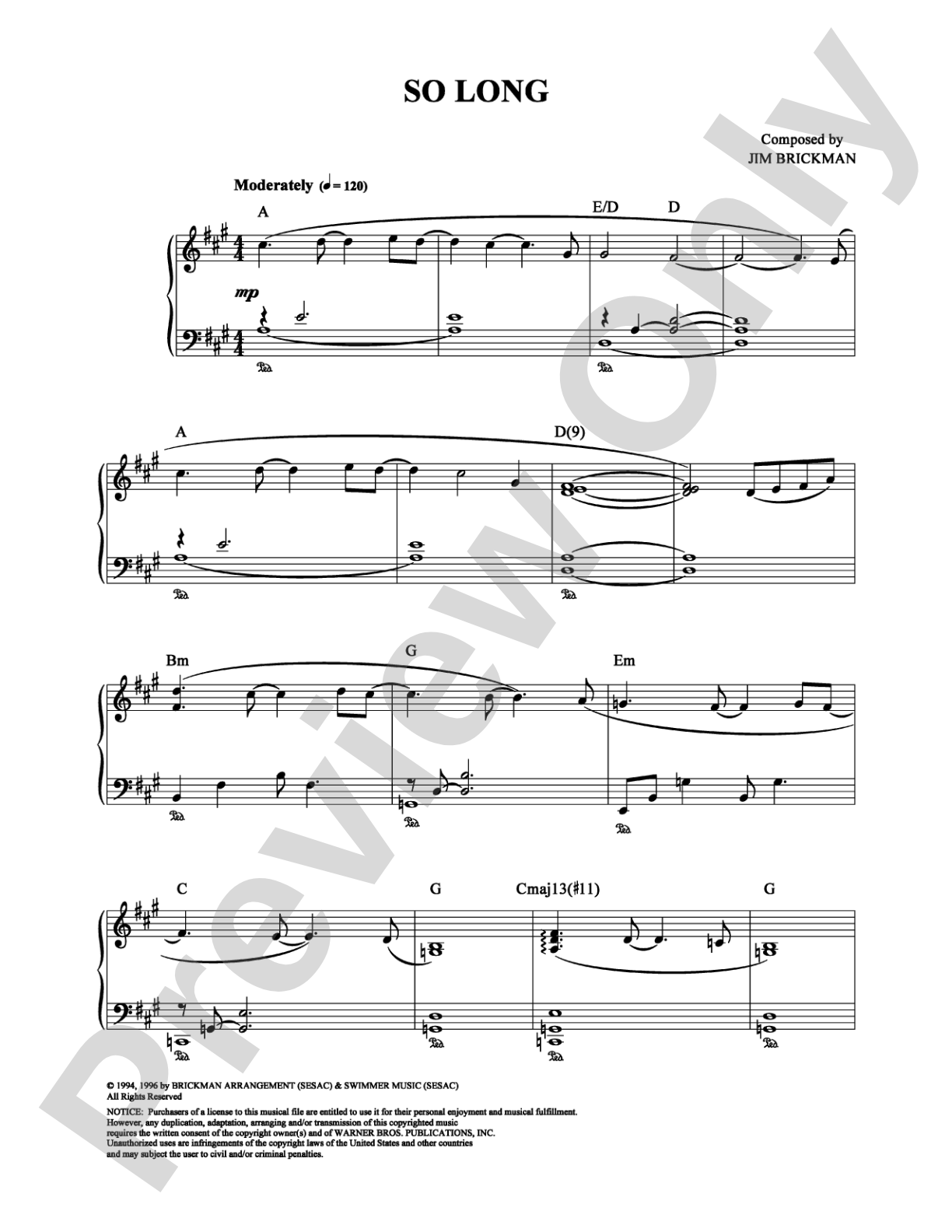 So Long: Piano Digital Sheet Music