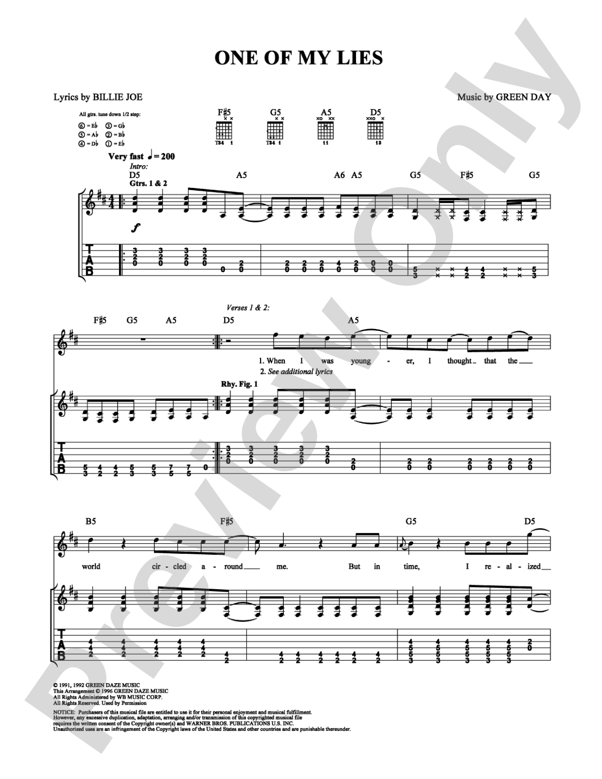 One of My Lies: Guitar TAB Digital Sheet Music