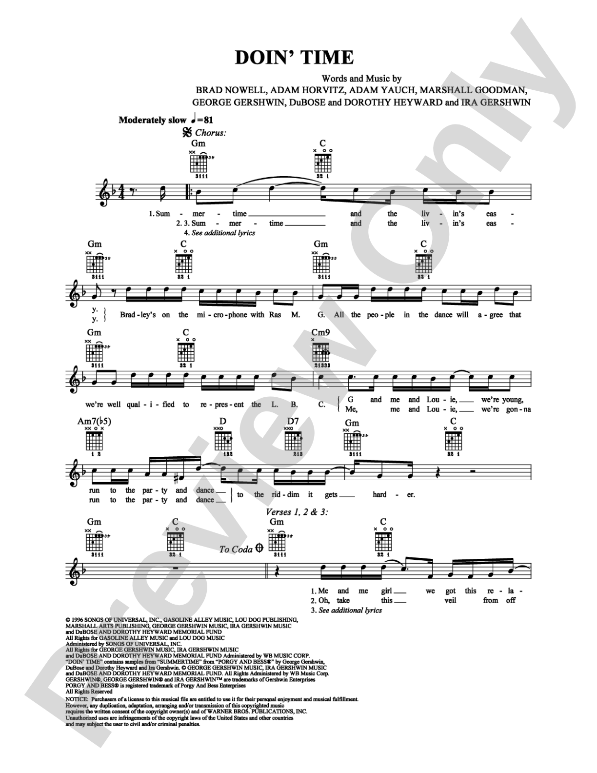 Doin' Time: Easy Guitar Digital Sheet Music