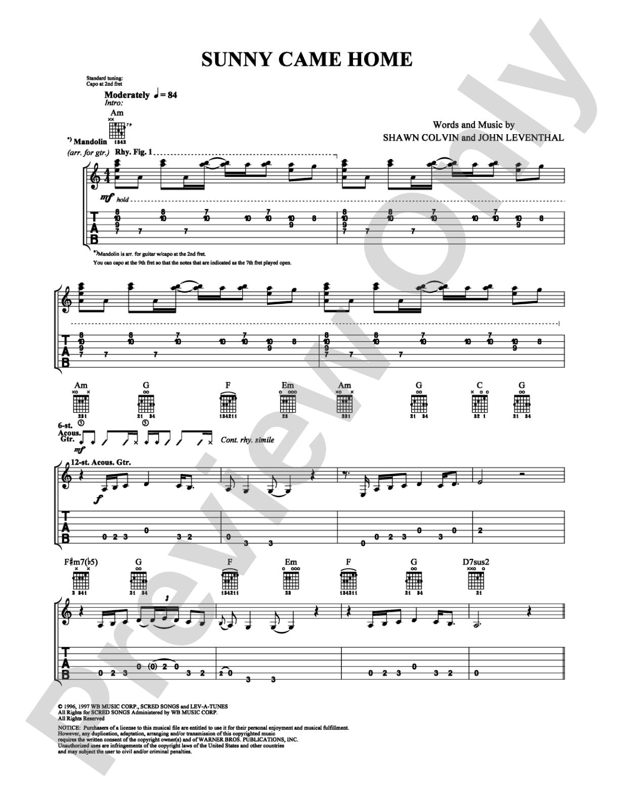 Sunny Came Home: Guitar TAB Digital Sheet Music