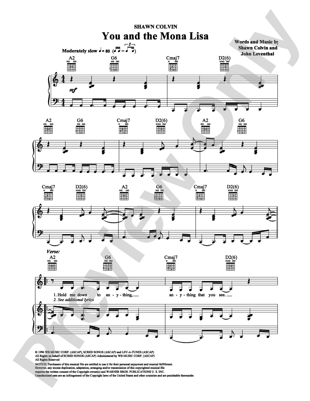 You and the Mona Lisa: Piano/Vocal/Chords Digital Sheet Music