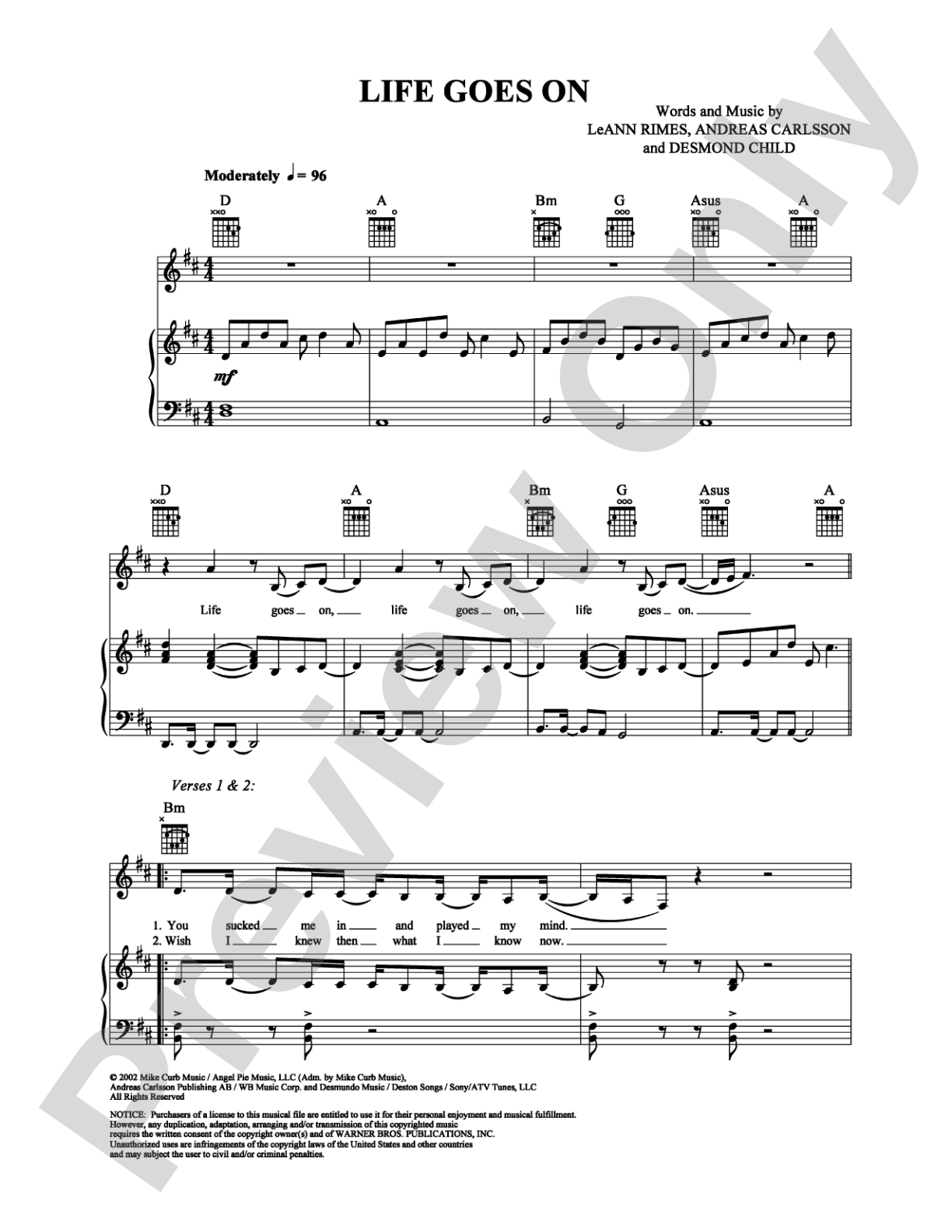 Life Goes On: Piano/Vocal/Chords Digital Sheet Music
