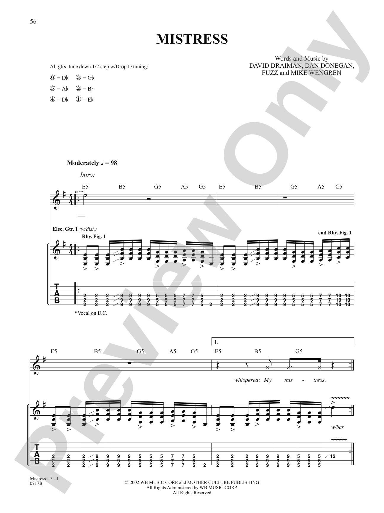 Mistress: Authentic Guitar TAB