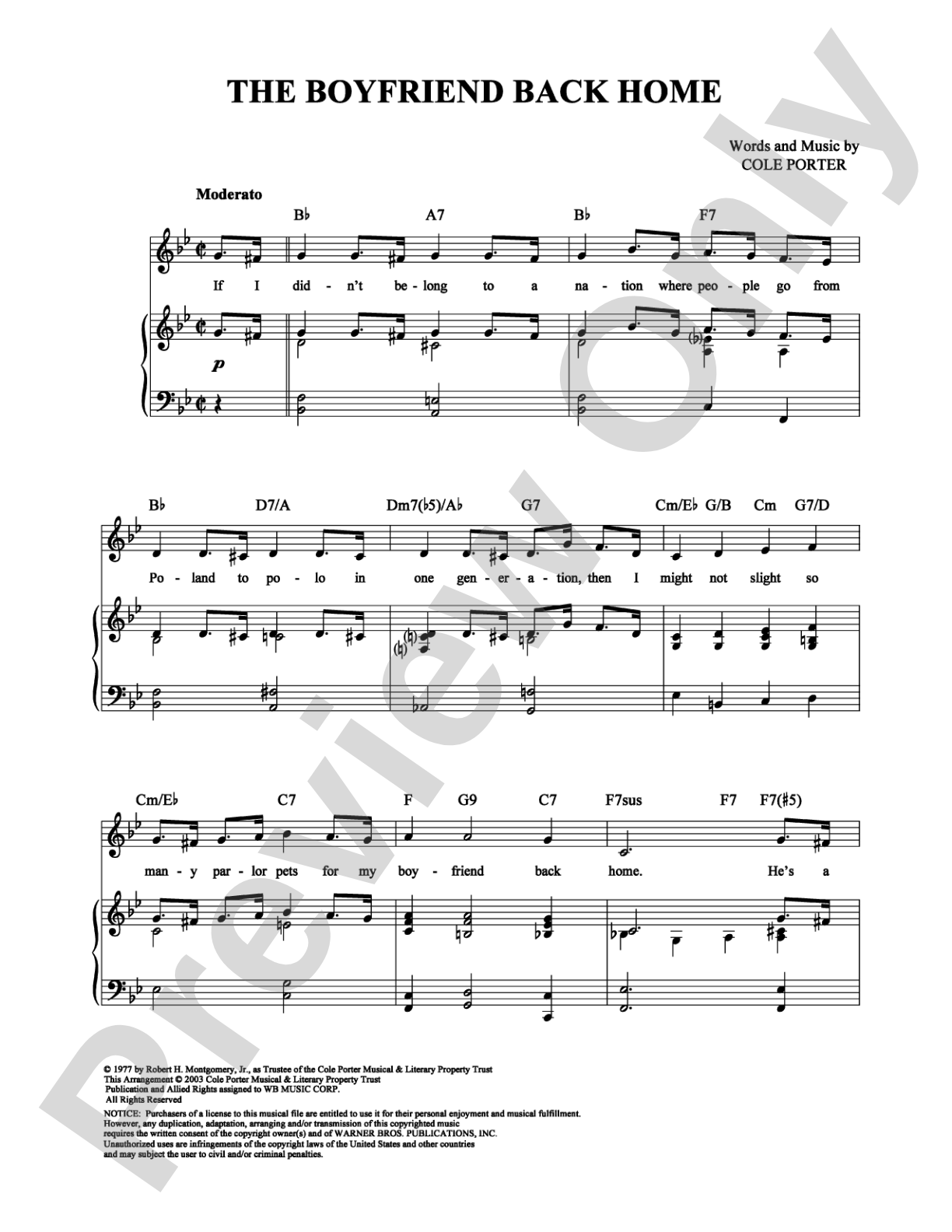 The Boyfriend Back Home: Piano/Vocal/Chords Digital Sheet Music