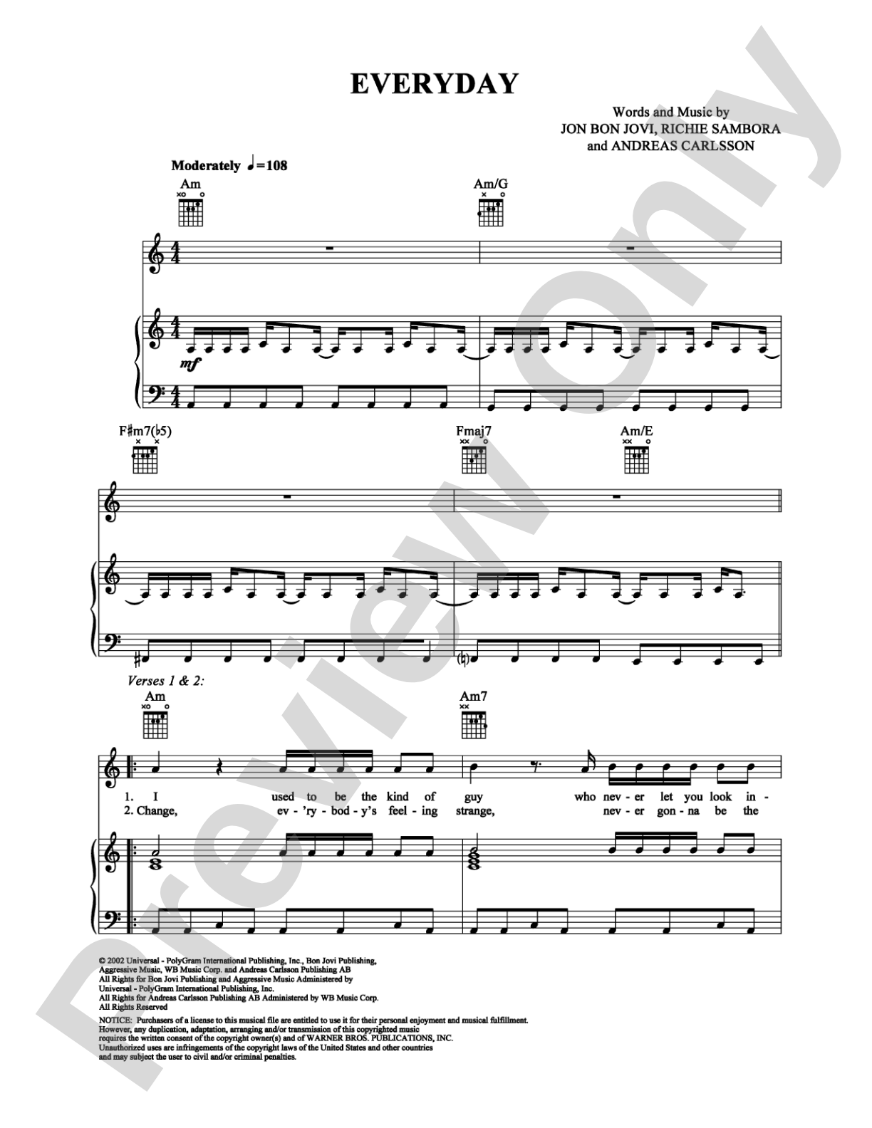 Everyday: Piano/Vocal/Chords Digital Sheet Music