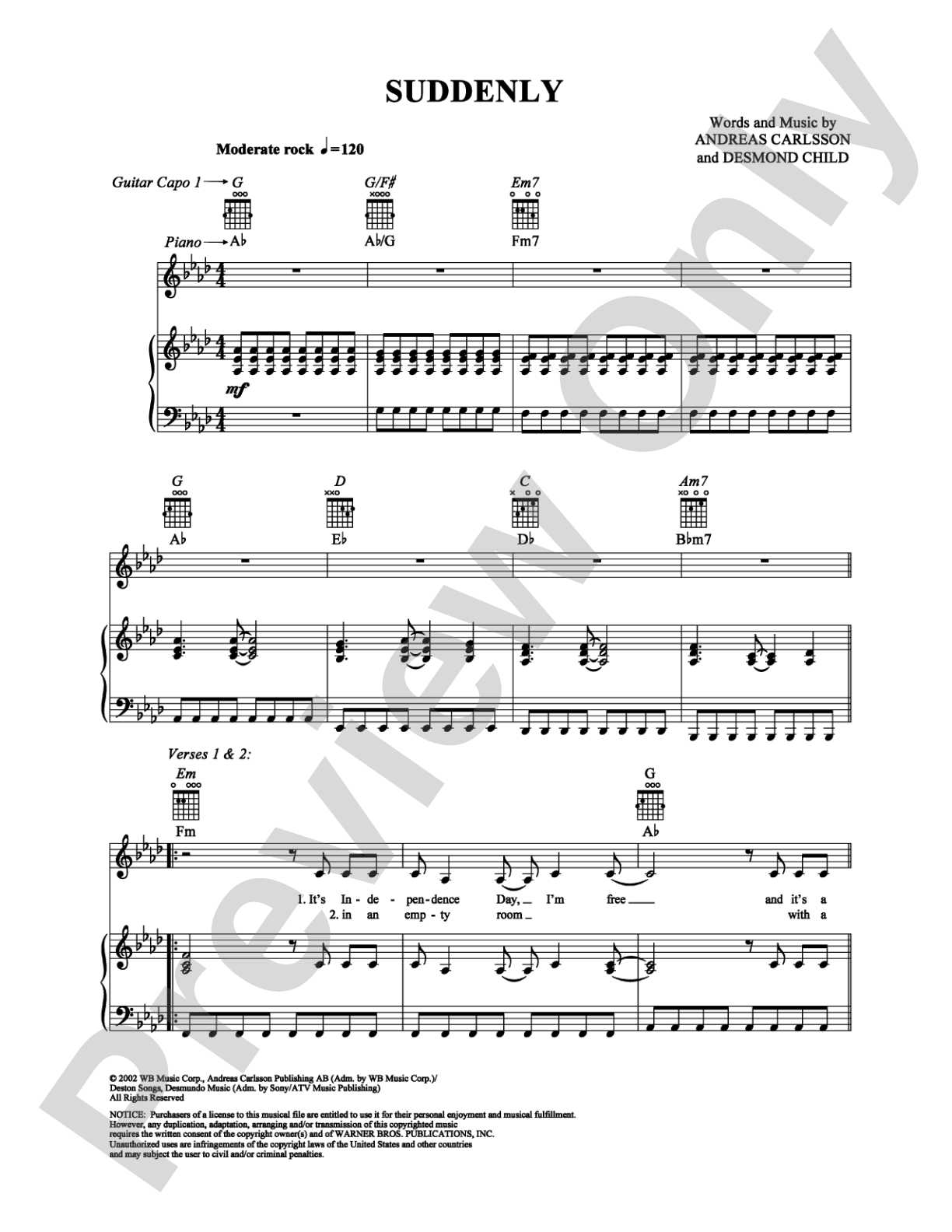 Suddenly: Piano/Vocal/Chords Digital Sheet Music