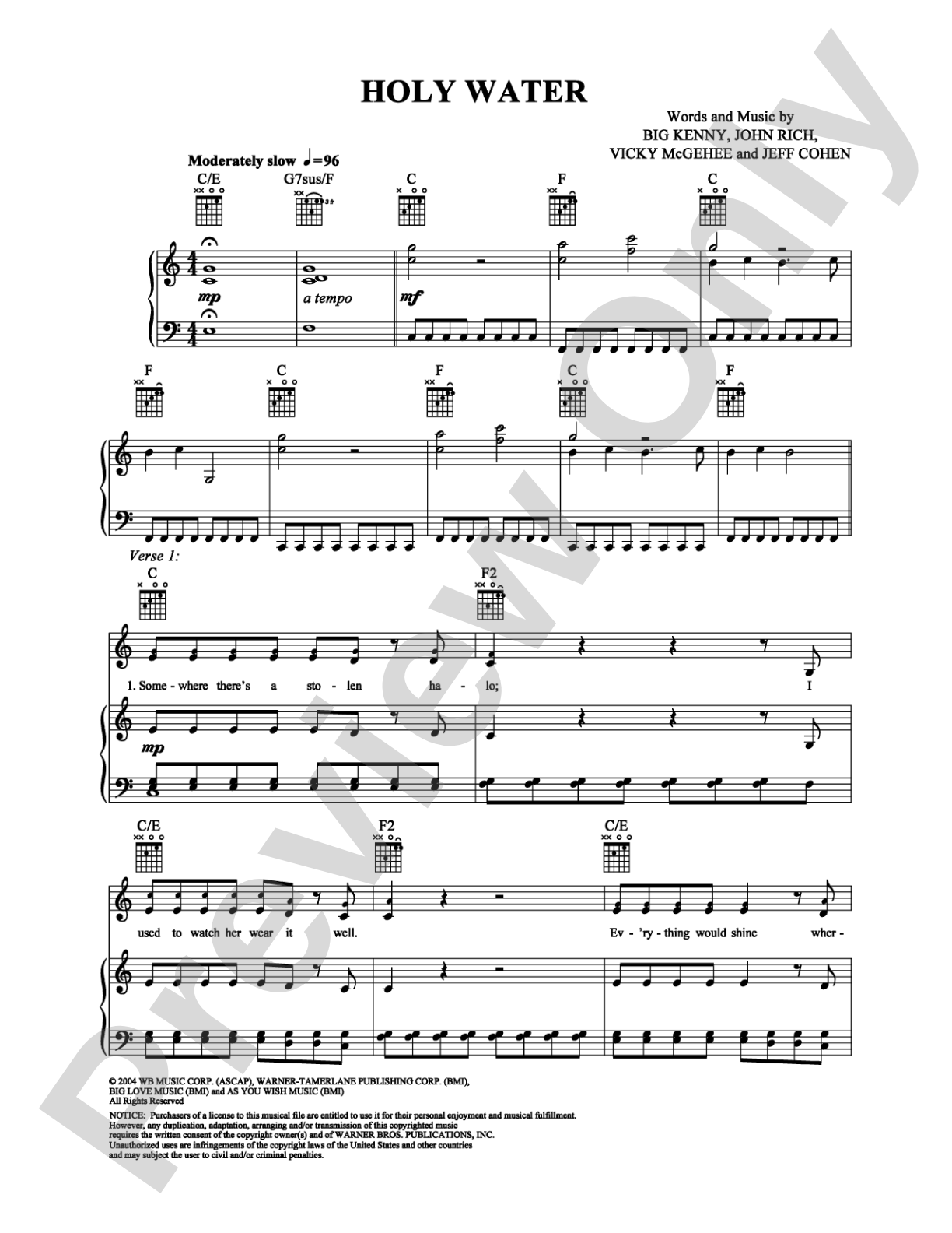 Holy Water: Piano/Vocal/Chords Digital Sheet Music