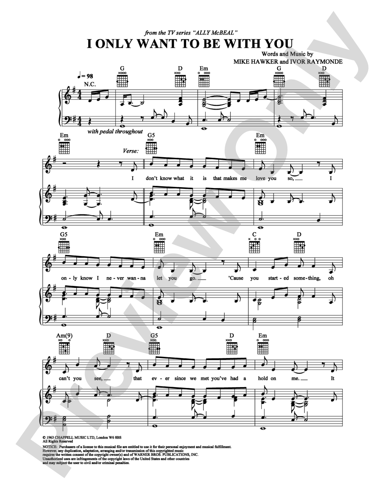 I Only Want to Be with You: Piano/Vocal/Chords Digital Sheet Music