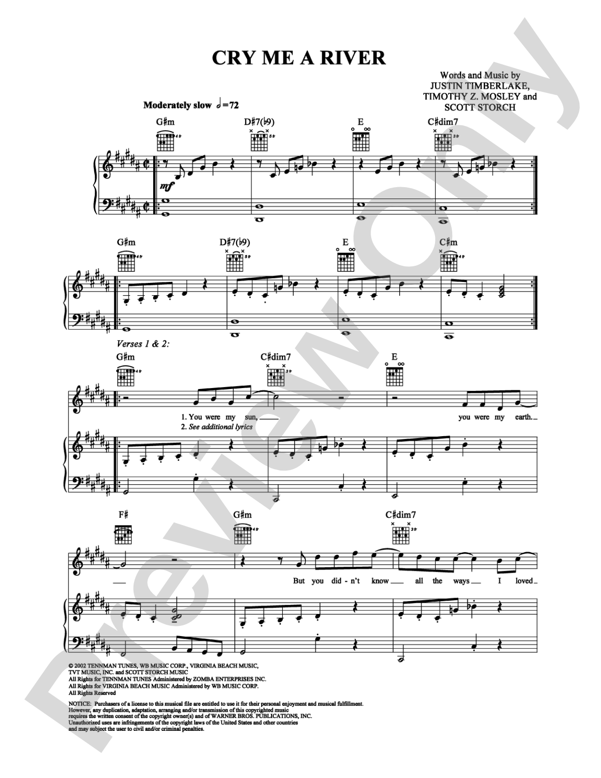 Cry Me a River: Piano/Vocal/Chords Digital Sheet Music