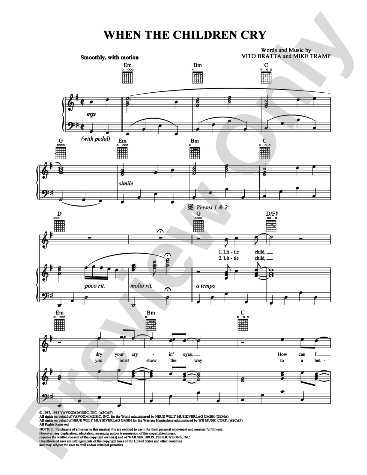 When The Children Cry: Piano/Vocal/Chords Digital Sheet Music