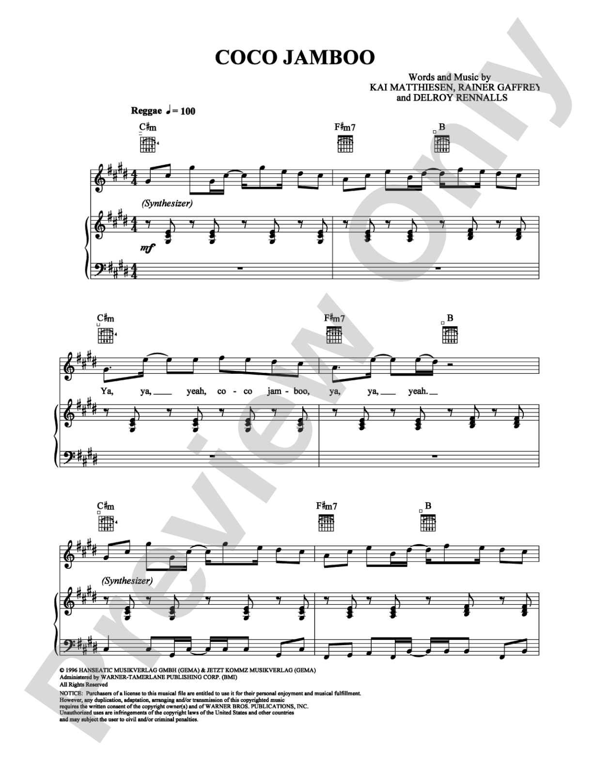 Coco Jamboo: Piano/Vocal/Chords Digital Sheet Music
