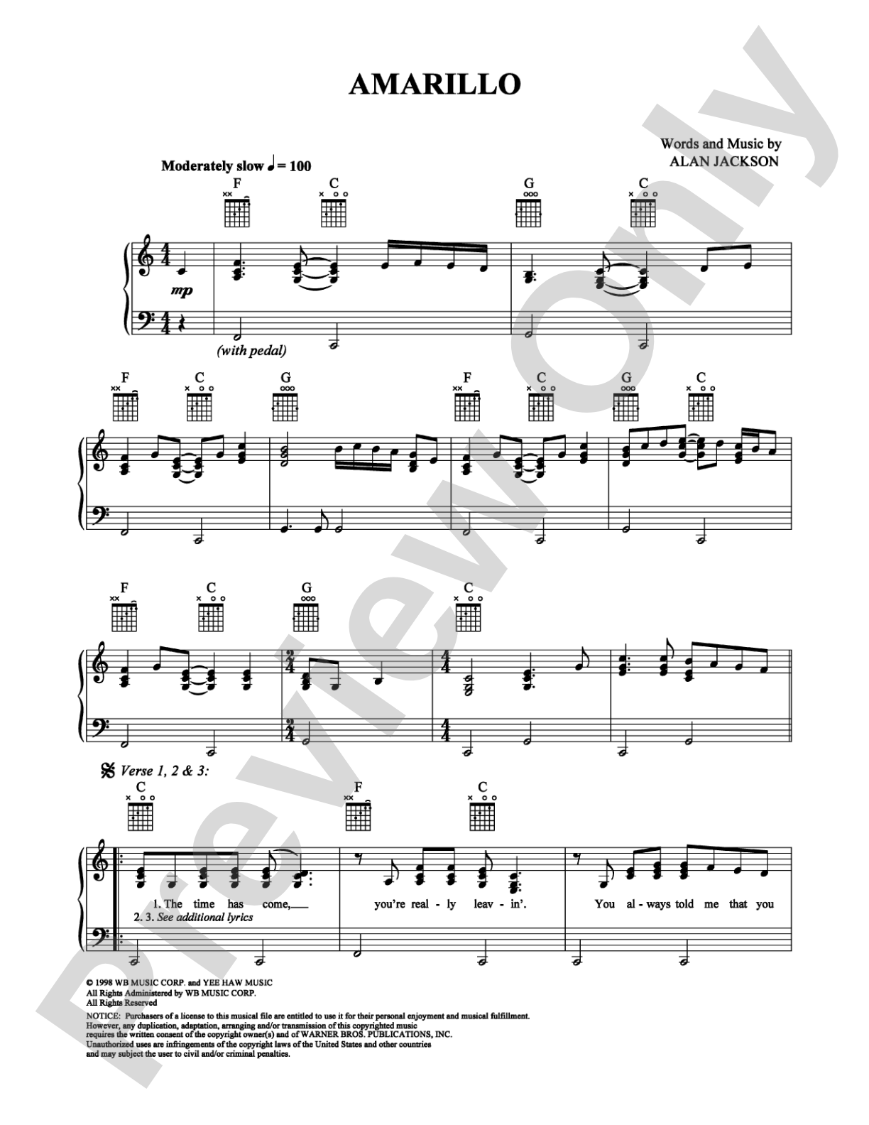 Amarillo: Piano/Vocal/Chords Digital Sheet Music
