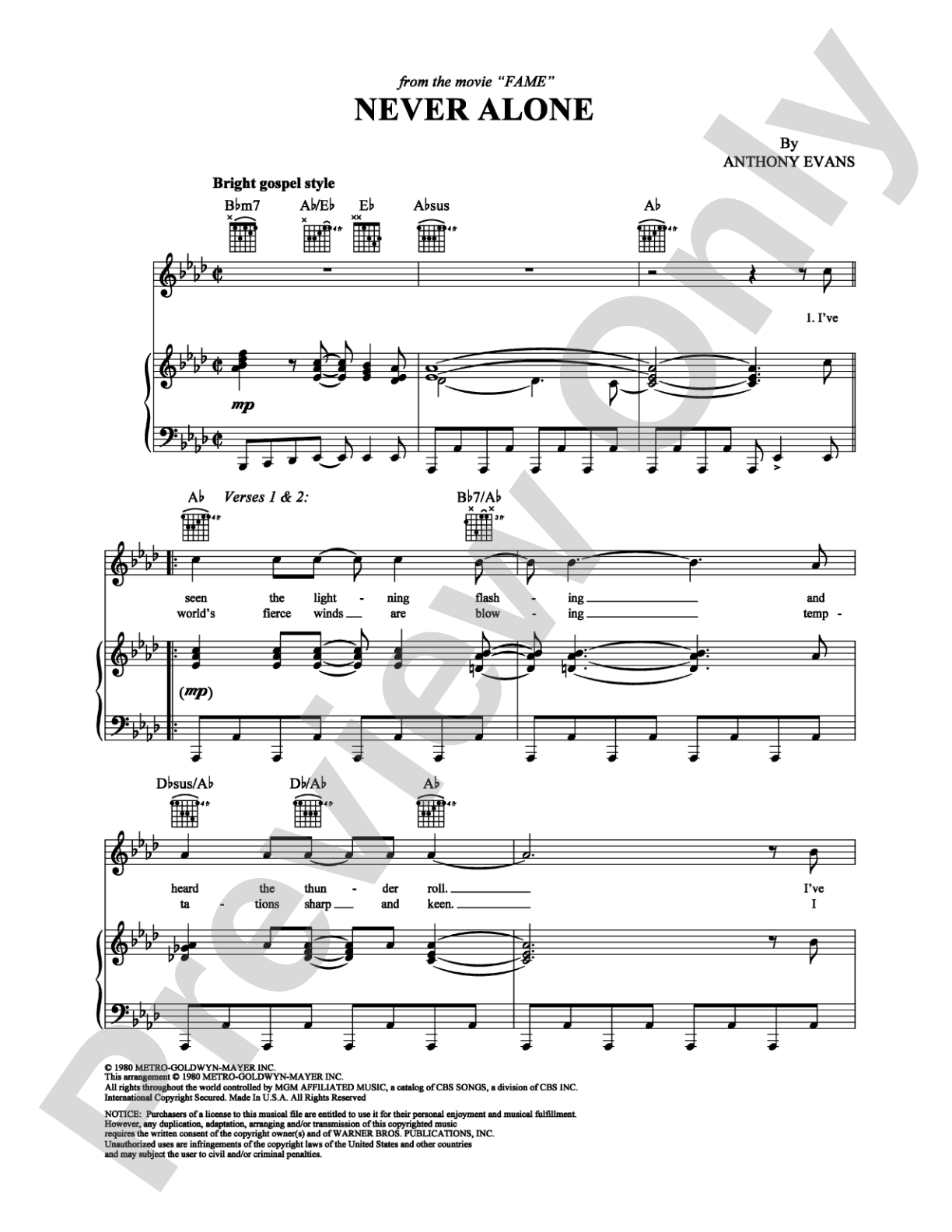 Never Alone (from "Fame"): Piano/Vocal/Chords Digital Sheet Music