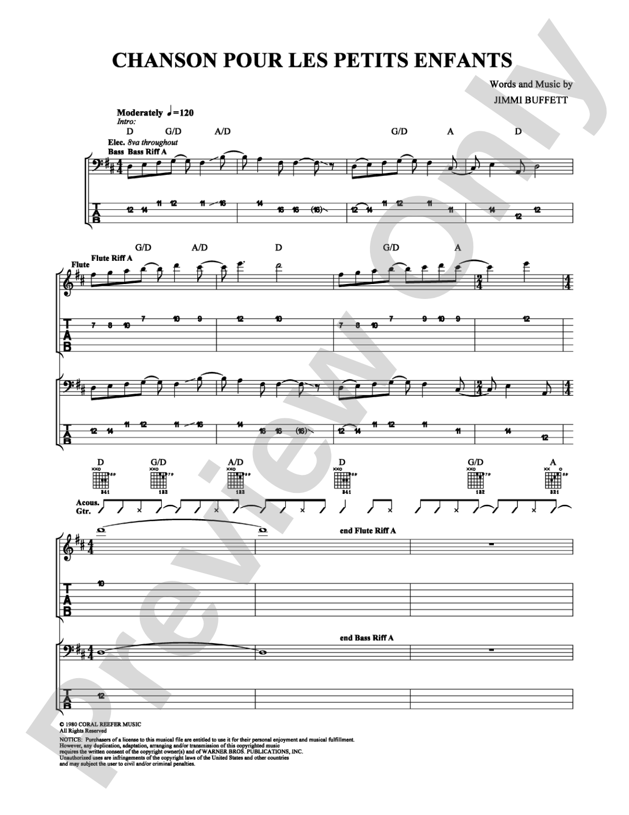 Chanson Pour les Petits Enfants: Guitar TAB Digital Sheet Music