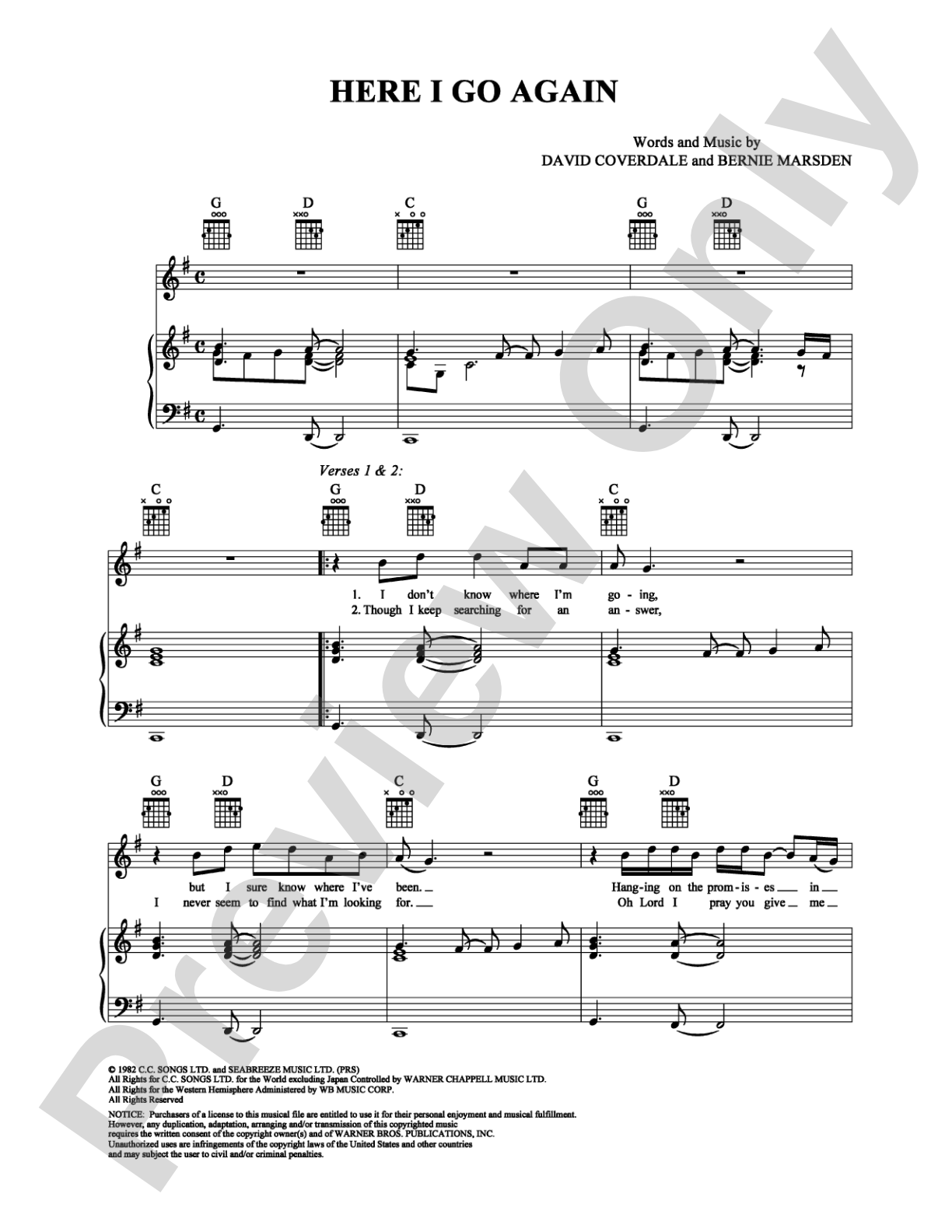 Here I Go Again: Piano/Vocal/Chords Digital Sheet Music