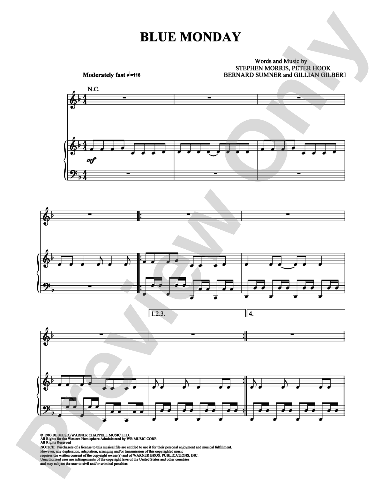 Blue Monday: Piano/Vocal/Chords Digital Sheet Music
