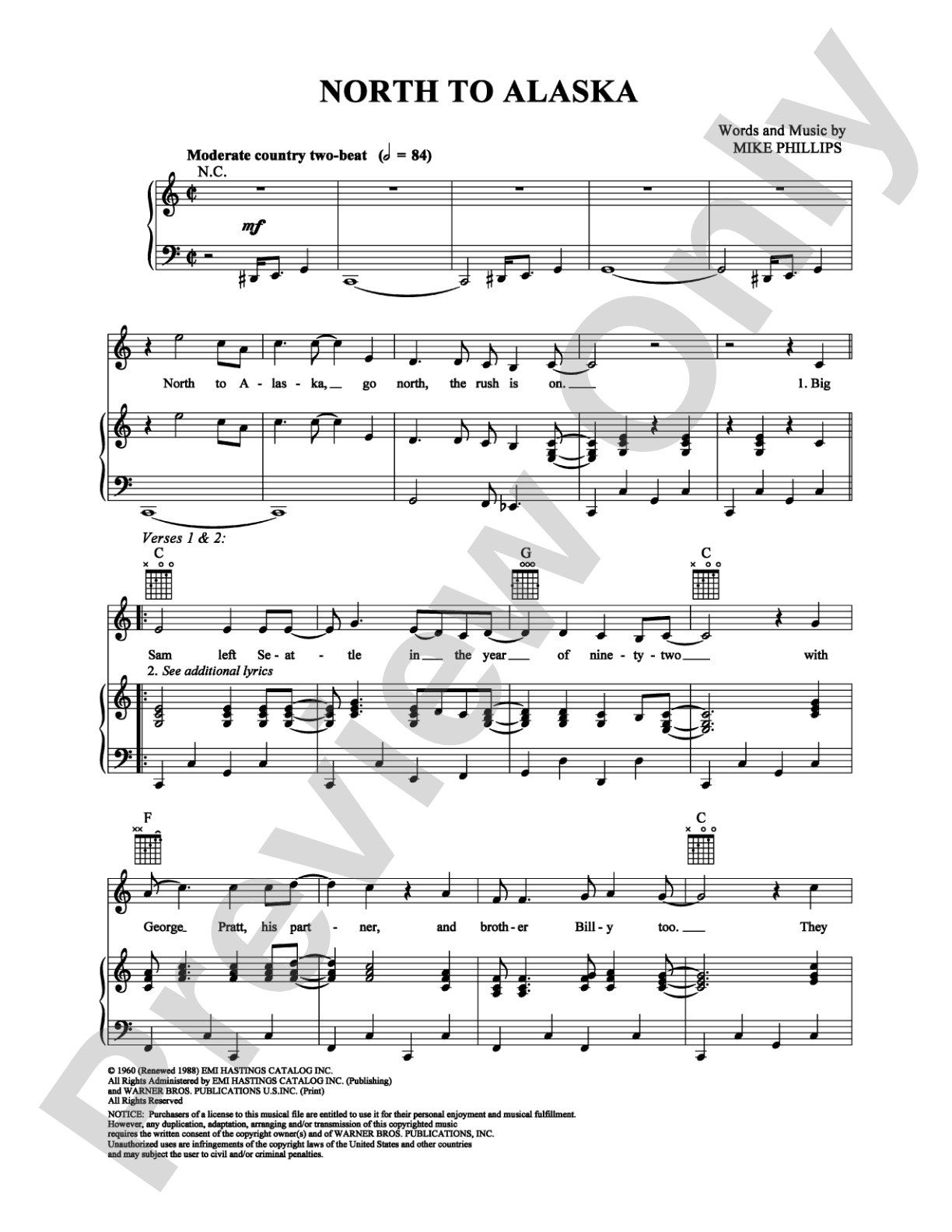 North To Alaska: Piano/Vocal/Chords Digital Sheet Music