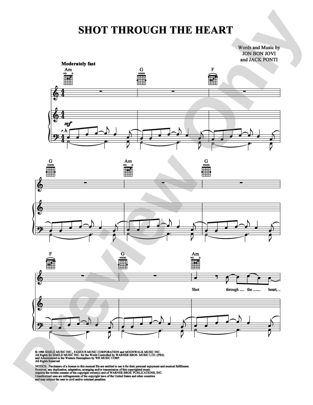 Shot Through the Heart: Piano/Vocal/Chords Digital Sheet Music