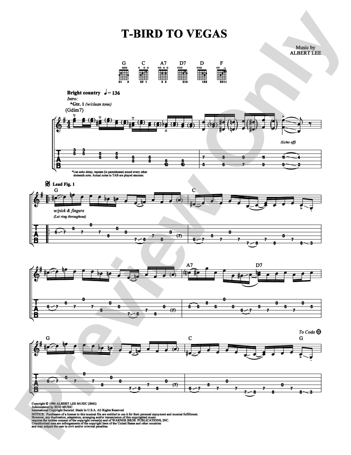 T-Bird to Vegas: Guitar TAB Digital Sheet Music
