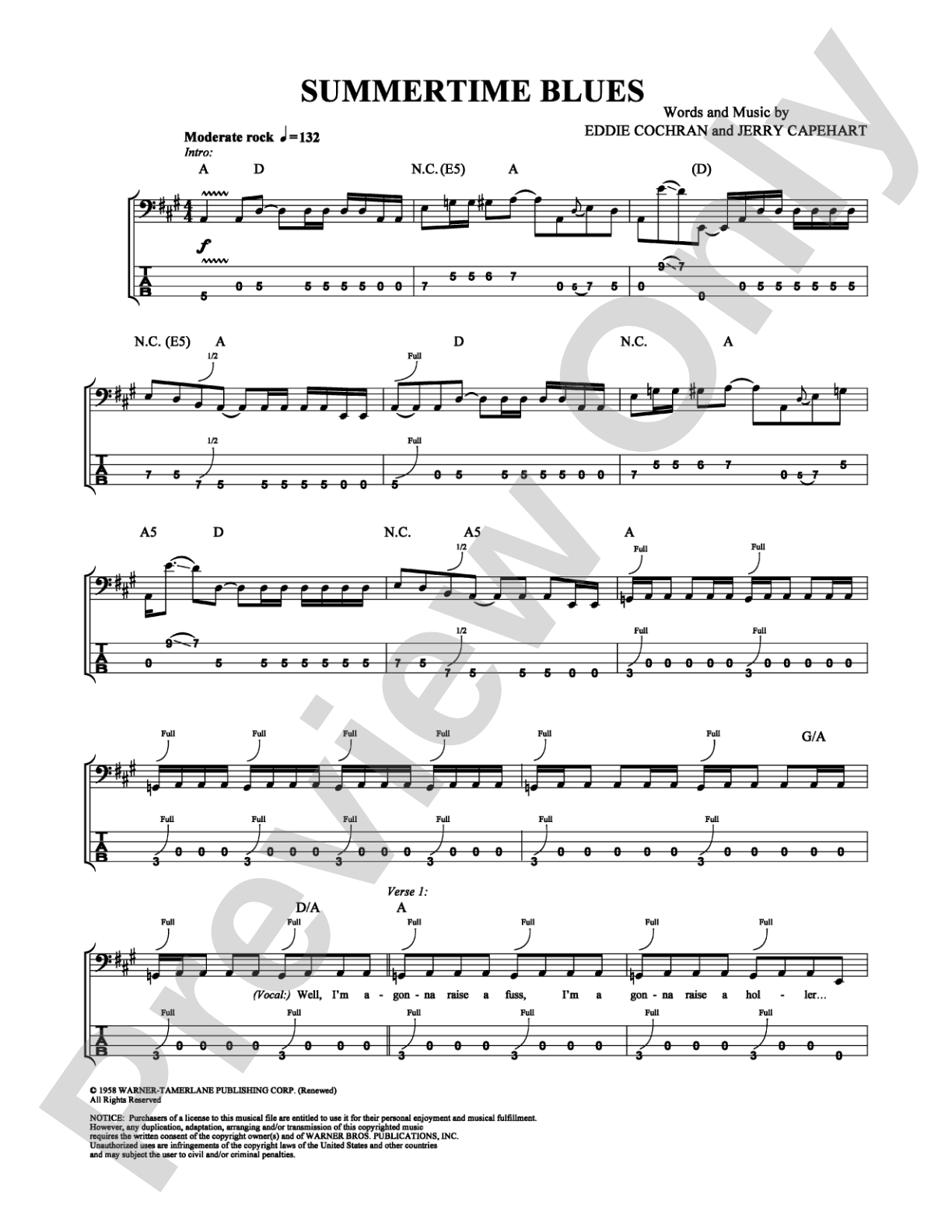 Summertime Blues: Bass TAB Digital Sheet Music