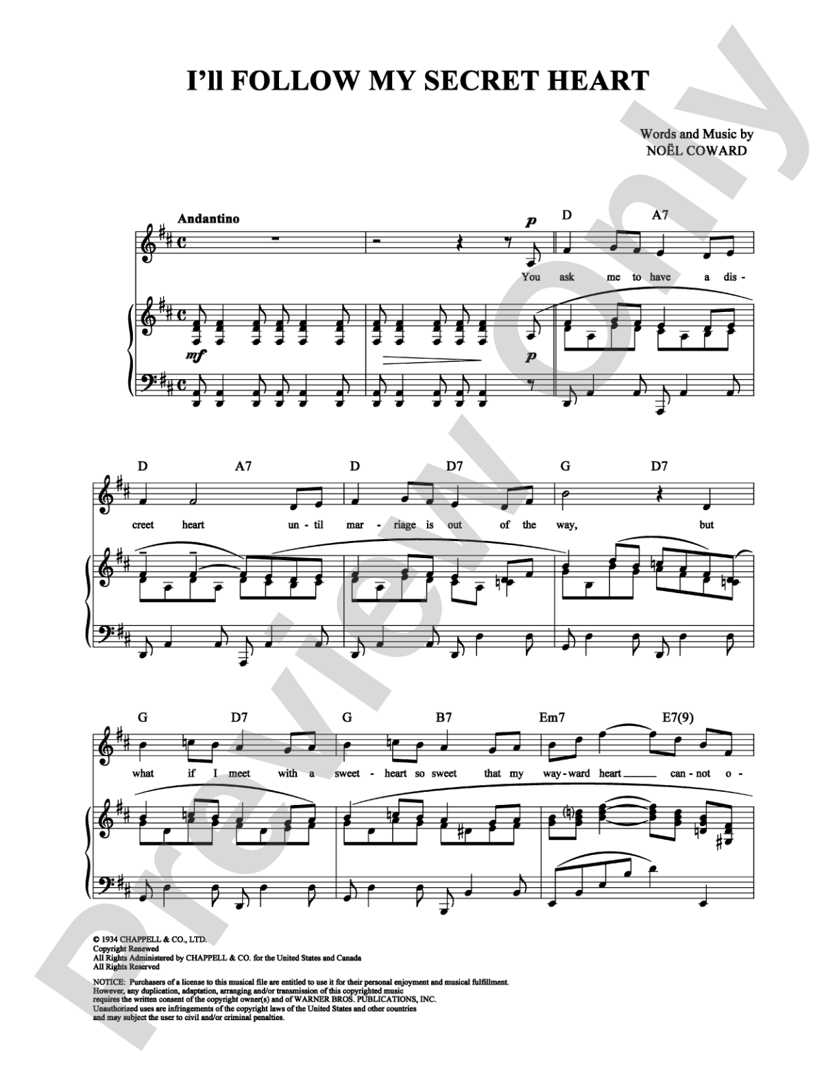 I'll Follow My Secret Heart: Piano/Vocal/Chords Digital Sheet Music