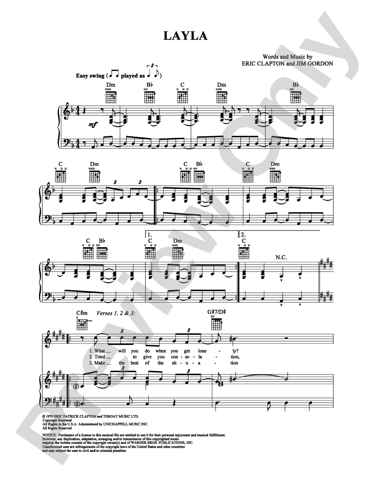 Layla: Piano/Vocal/Chords Digital Sheet Music