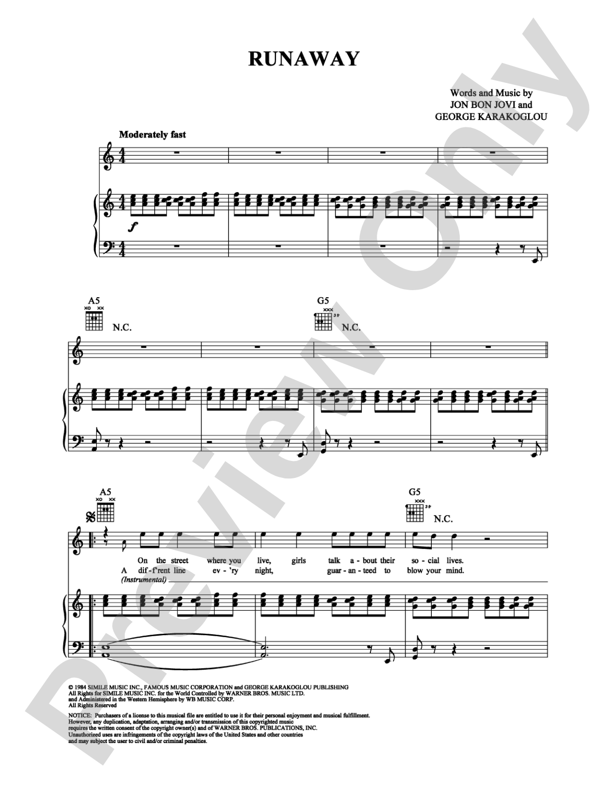 Runaway: Piano/Vocal/Chords Digital Sheet Music