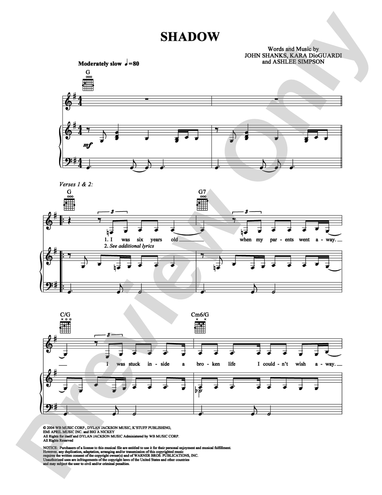 Shadow: Piano/Vocal/Chords Digital Sheet Music